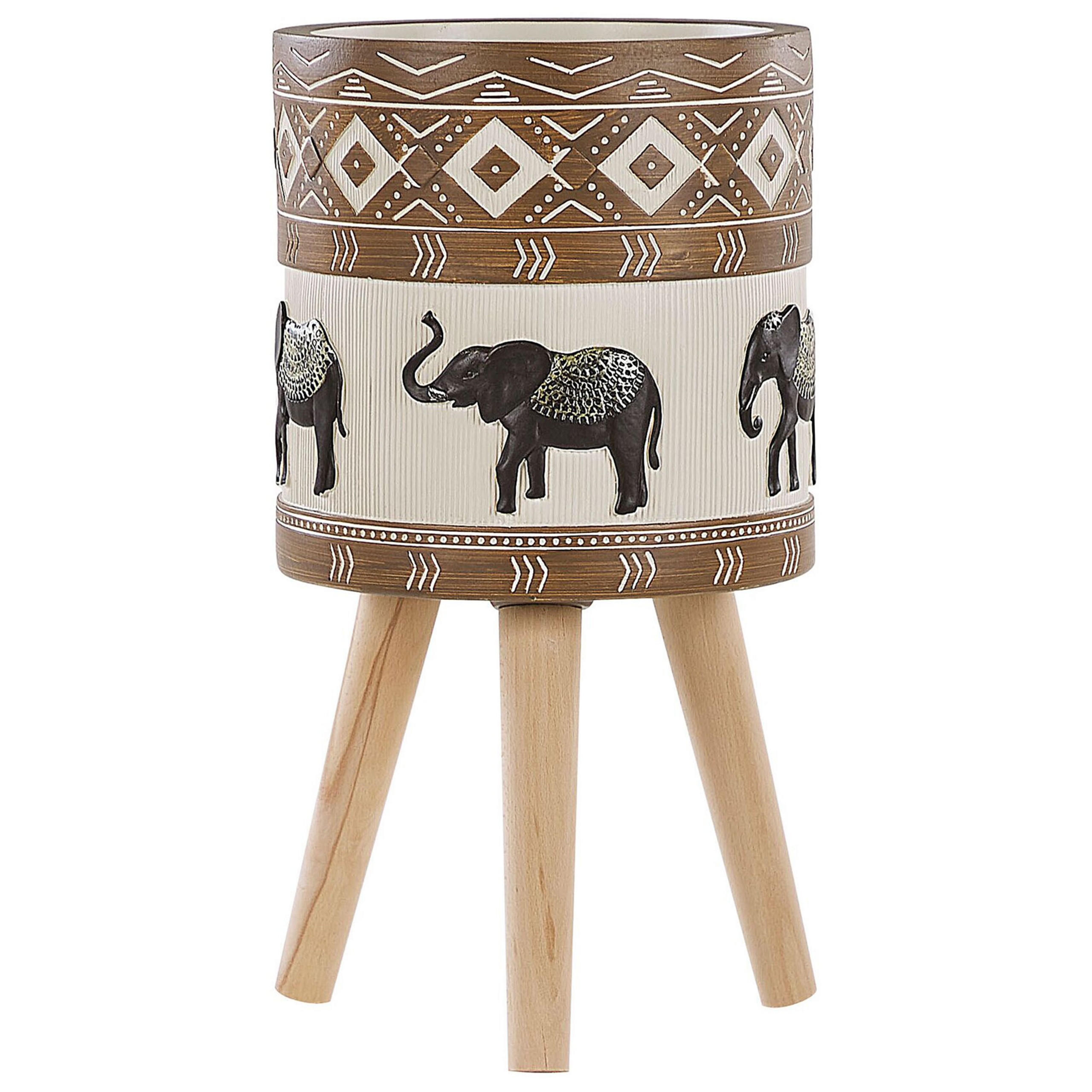 PFLANZENSTÄNDER braun/beige Elefantenmotiv mit Holzbeinen 55 cm Achilio - Beige/Goldfarben, Stein (55cm) - Beliani