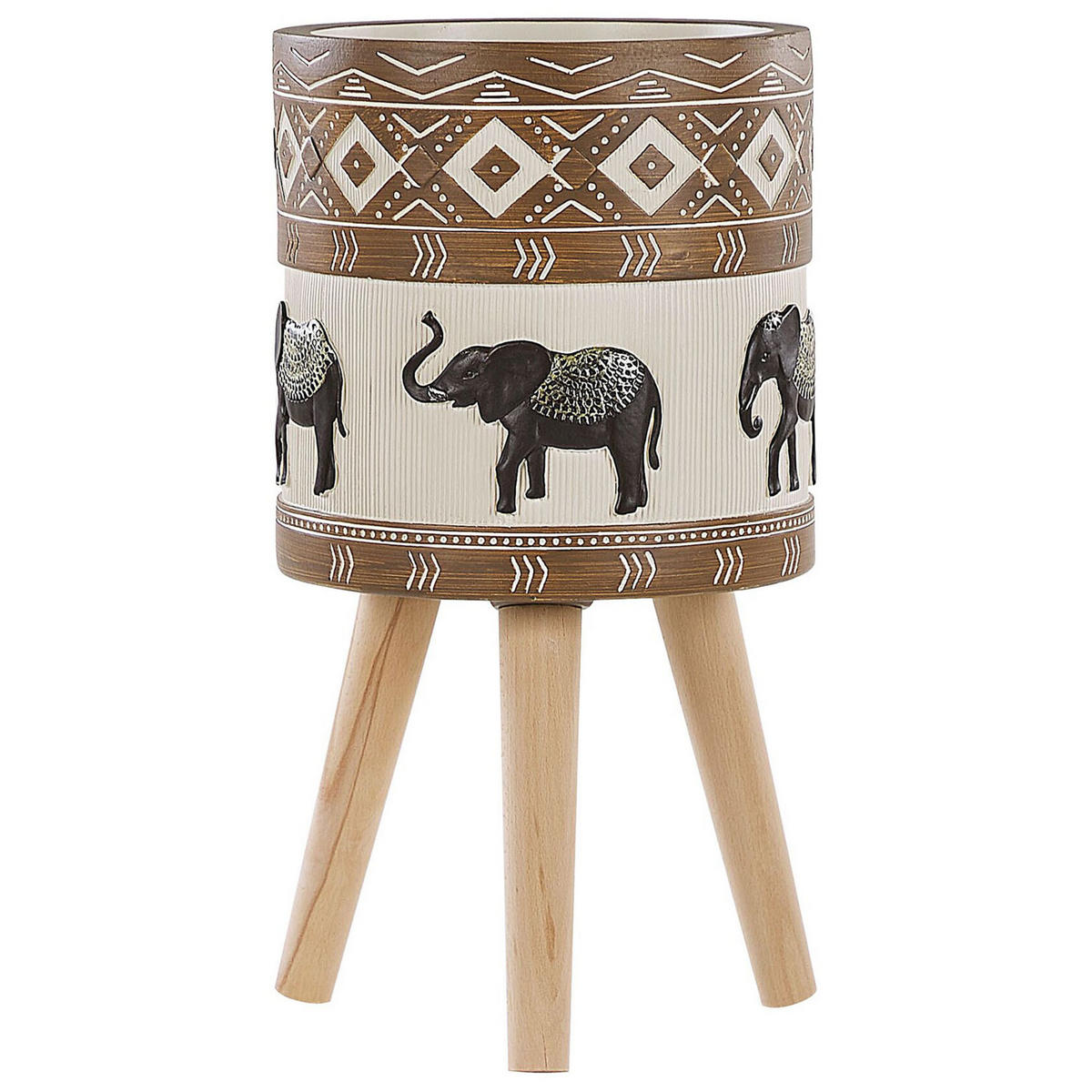PFLANZENSTÄNDER braun/beige Elefantenmotiv mit Holzbeinen 55 cm Achilio - Beige/Goldfarben, Stein (55cm) - Beliani