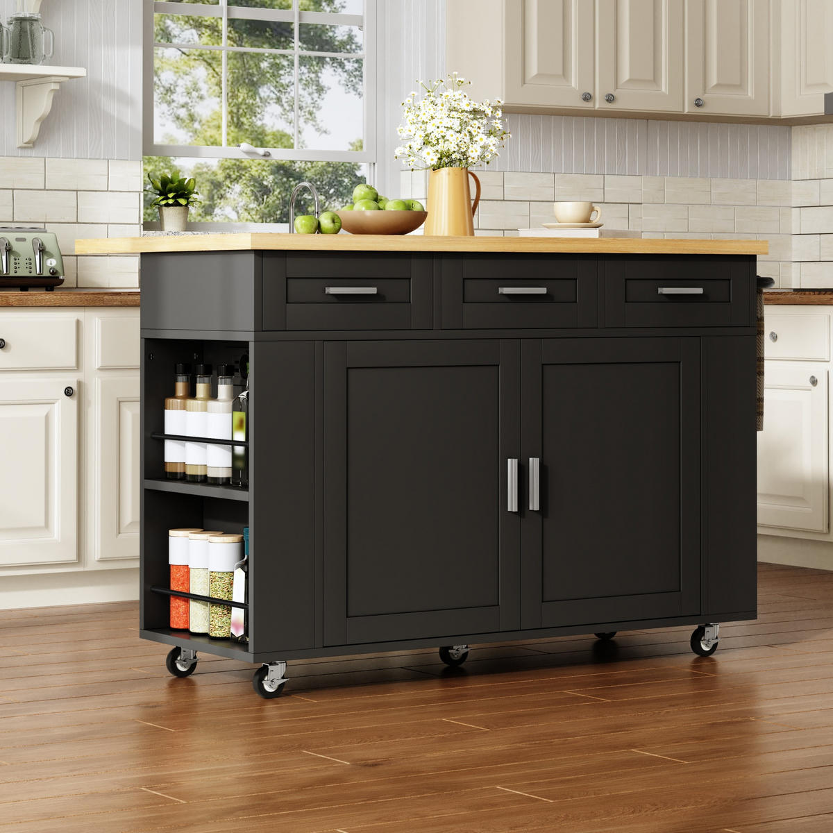 KÜCHENINSEL 84 cm MDF Natur Schwarz mit Klappbarer Arbeitsplatte und USB-Steckdose - Schwarz, Holzwerkstoff (70/84/120cm) - Korfee