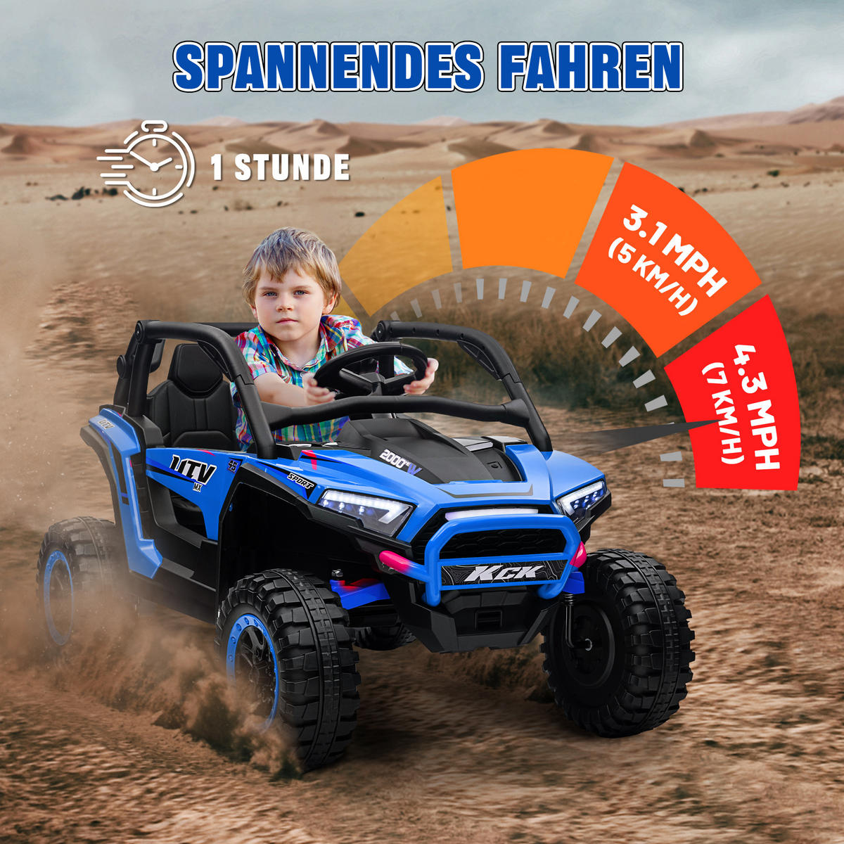 KINDERAUTO Elektro-UTV, 5-7 km/h, 2-Sitzer, Fernbedienung, Musik, Lichter, 1h Fahrtdauer, Blau - Blau, Kunststoff/Metall (117/72/67cm) - AIYAPLAY