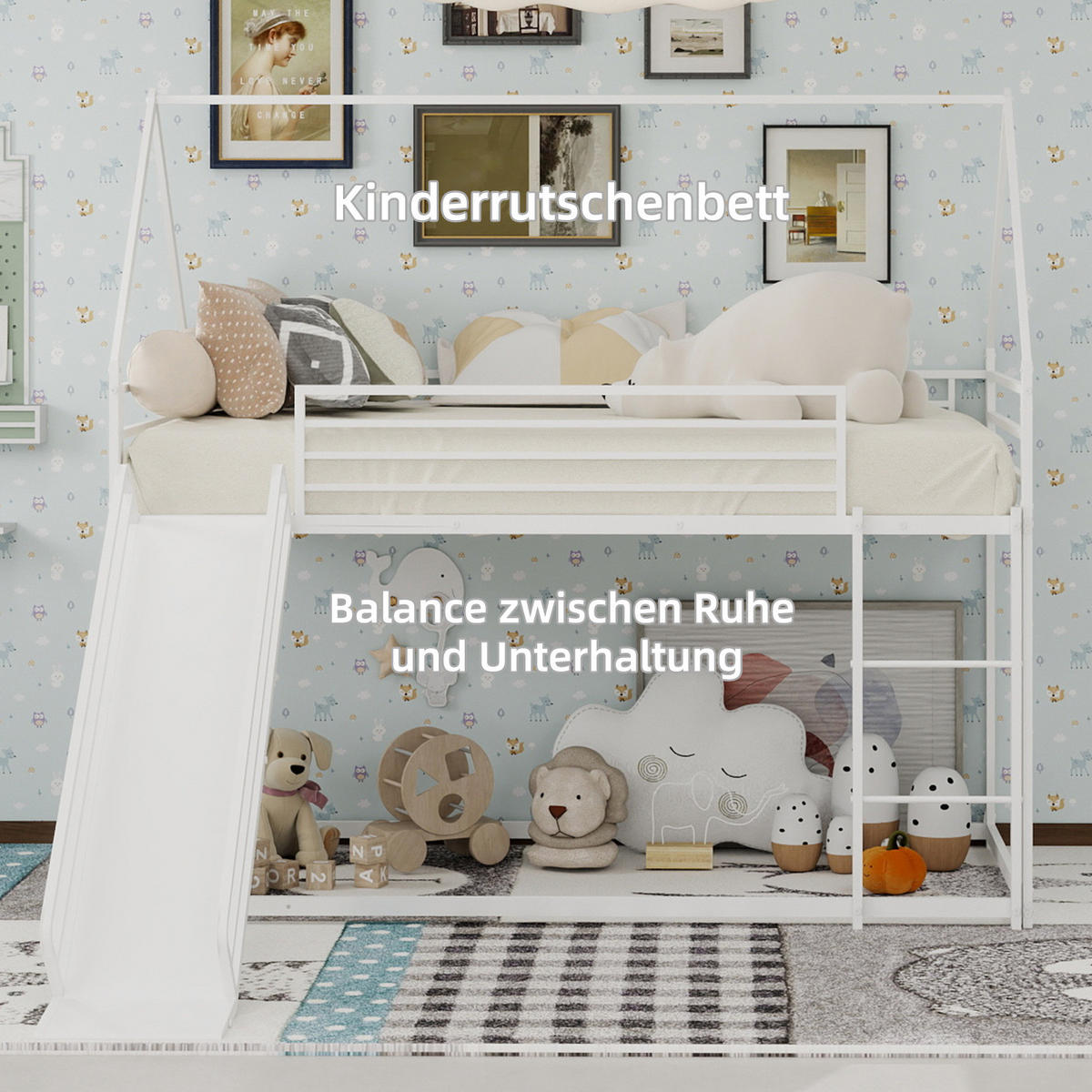 ETAGENBETT 90/200 cm weiß aus Eisen mit Rutsche und Leiter - Weiß, Metall (90/200cm) - OKWISH