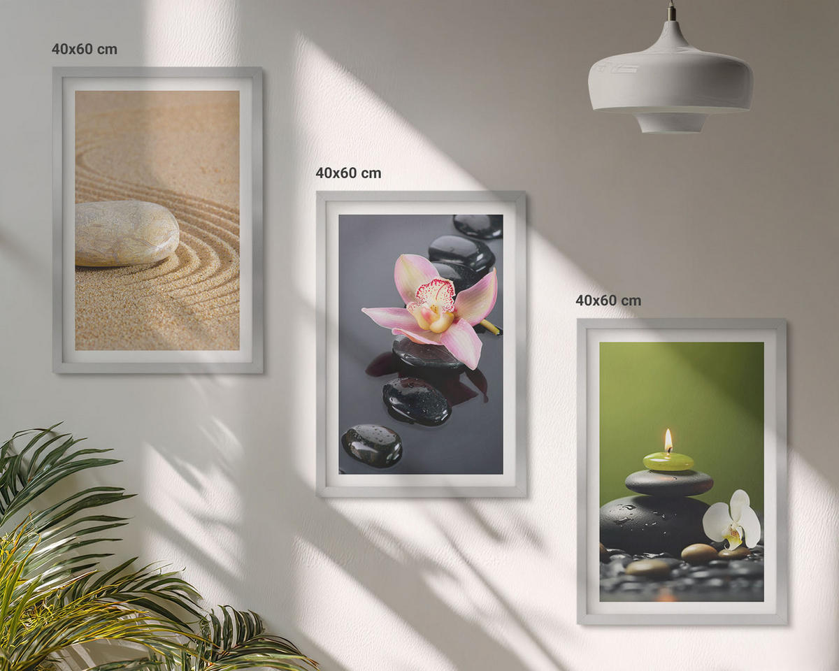 BILDER SET 3er Set - 40x60 cm Silberner Rahmen - Entspannende Zen-Steinmotive - Silberfarben, Kunststoff (40/60cm) - TULUP