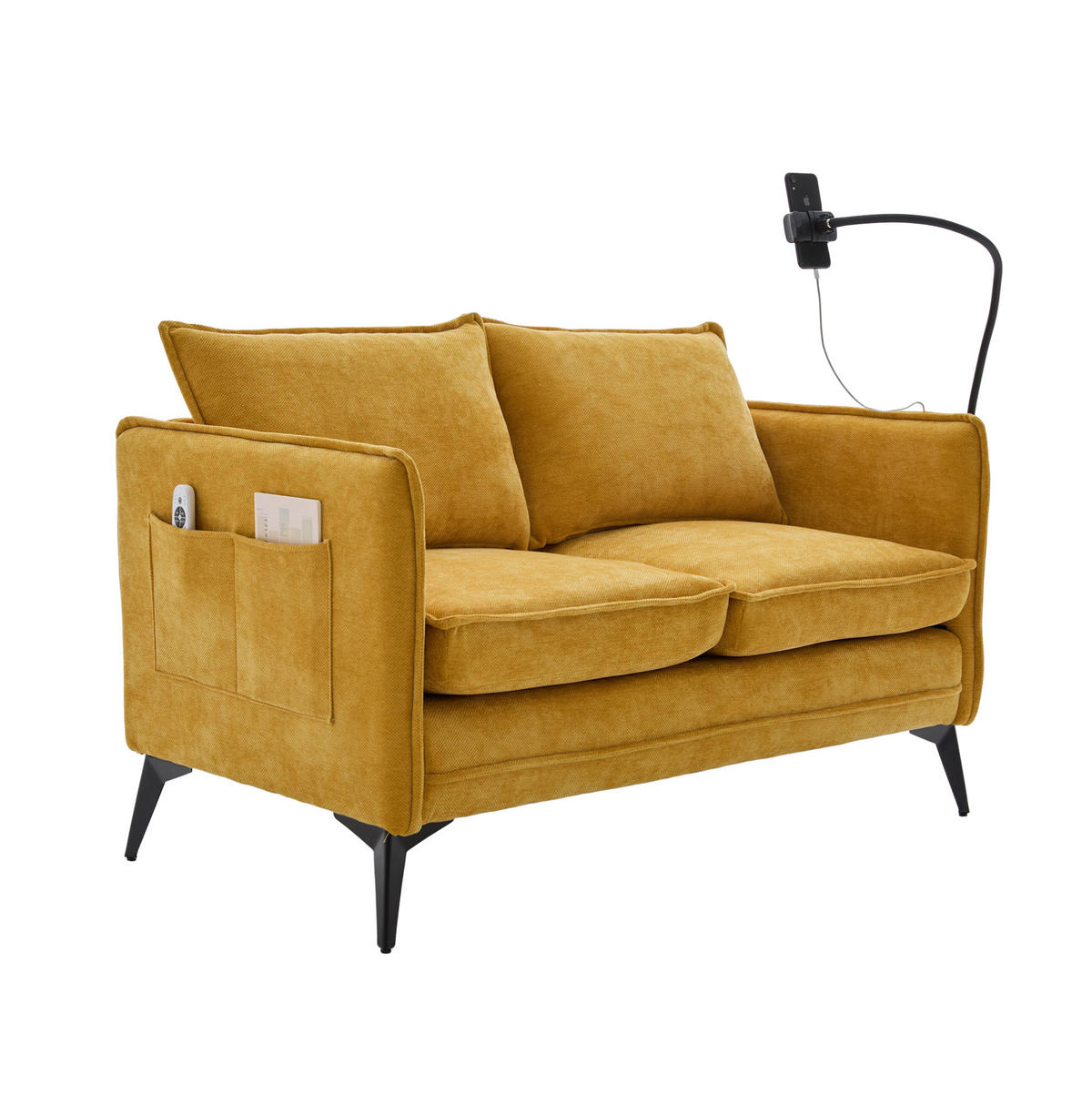 2-SITZER-SOFA aus Chenille 127x69x66 cm Gelb mit Handyhalter und Seitentaschen, kompakt für kleine Wohnräume - Gelb, Textil (69/66/127cm) - Modfu