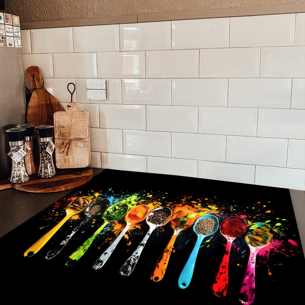 HERDABDECKPLATTE Löffel - Gewürze - Modern - Graffiti - Farbe - Farbenfroh 78x78 cm - Multicolor, Kunststoff (78/78/0.2cm) - MuchoWow