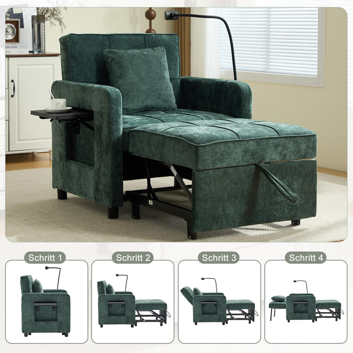 FERNSEHSESSEL Relaxsessel,Polsterliege mit Stauraum,Chenille,Grün - Grün, Textil (79/83/167cm) - LVHOM