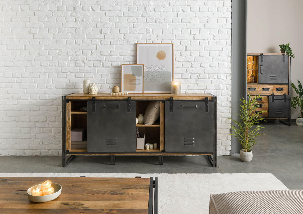 SIDEBOARD Mango 195x45x90 natur lackiert / Metall grau BLACKBURN #307 - Braun, Holz (195/90/45cm) - Massivmoebel24