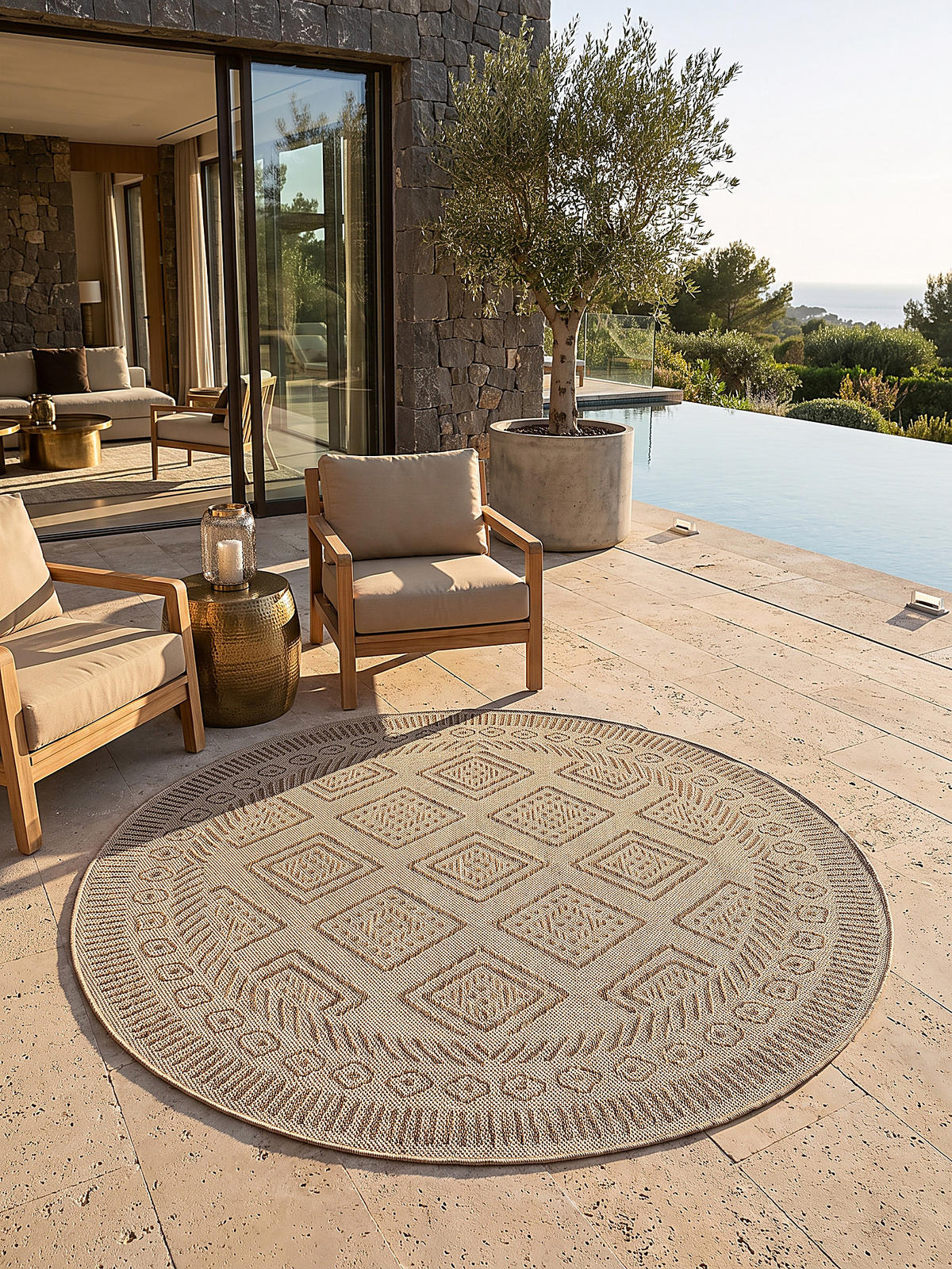 TEPPICH Flachgewebe, Outdoor, Fußbodenheizung-geeignet, mit Rautenmuster, VIGOLENO in Beige-Braun, Ø 200 cm - Beige, Textil (200/200cm) - KADIMA DESIGN