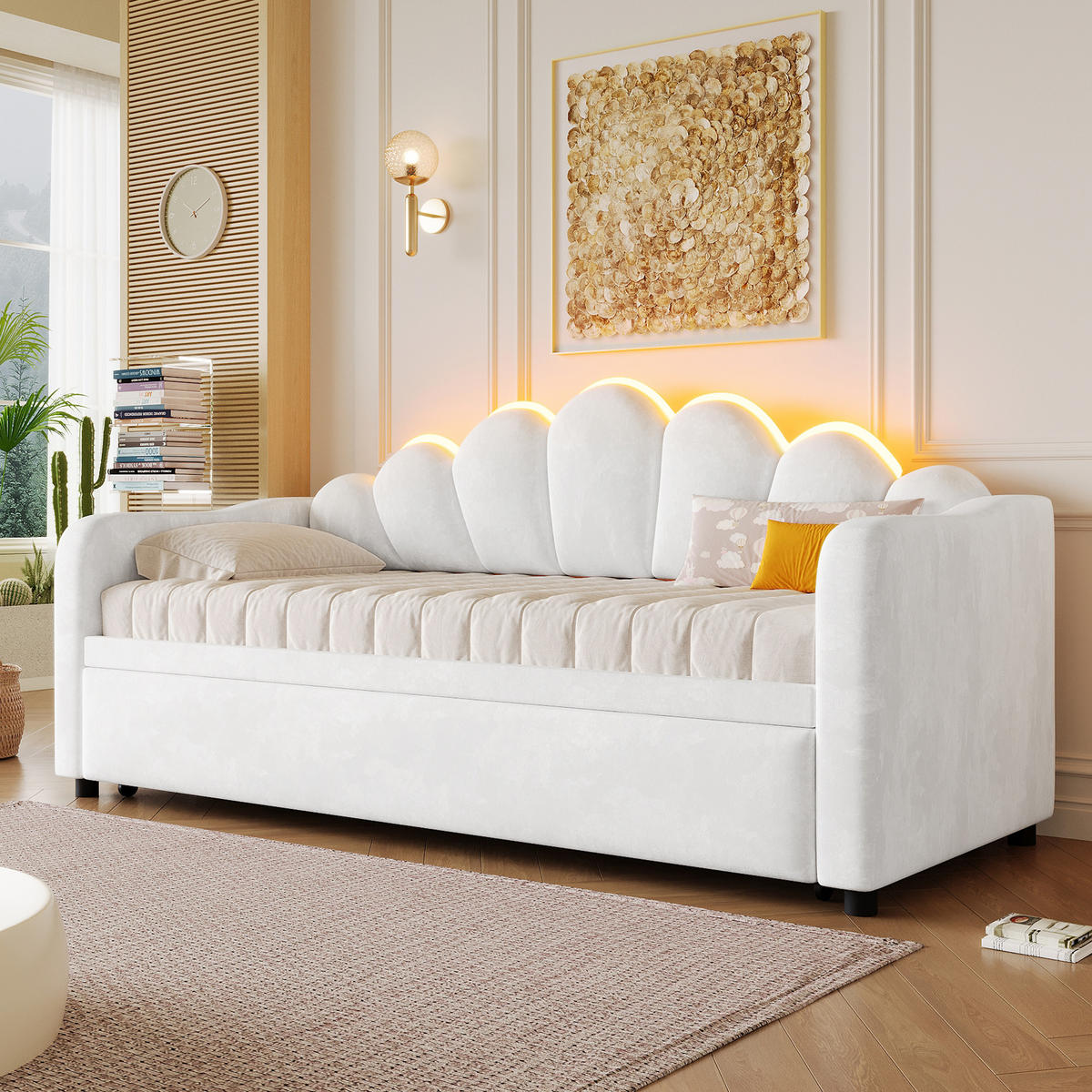 BETT 90/200 cm in Weiß Samt mit Ausziehbett und LED - Weiß, Holzwerkstoff/Textil (90/200cm) - WISHDOR