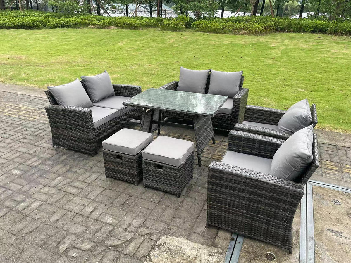 GARTENTISCHGRUPPE Polyrattan 8-Sitzer Grau - Dunkelgrau/Grau, Glas/Kunststoff - Fimous