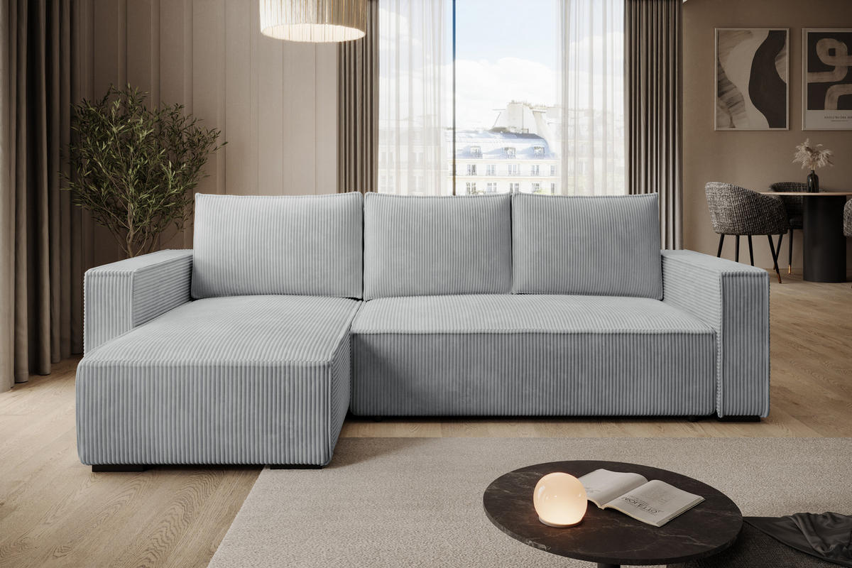 ECKSOFA CUDDY L, Eckcouch in L-Form mit Schlaffunktion und Bettkasten, Farbe: Grau, Cordstoff, Ottomane Links - Grau, Textil (240/140cm) - Storez24