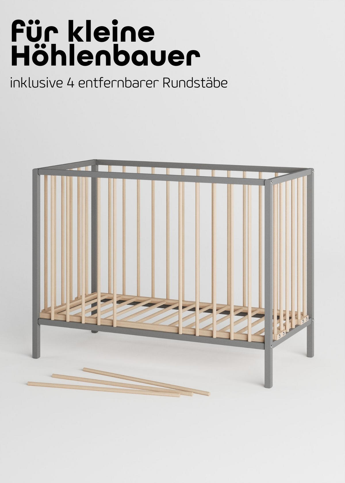 BEISTELLBETT mit Rollen & Umbauseite - grau/natur - Dreamy 4 in 1 Bett - Naturfarben/Grau, Holz (120/90/60cm) - Sämann – make a difference.
