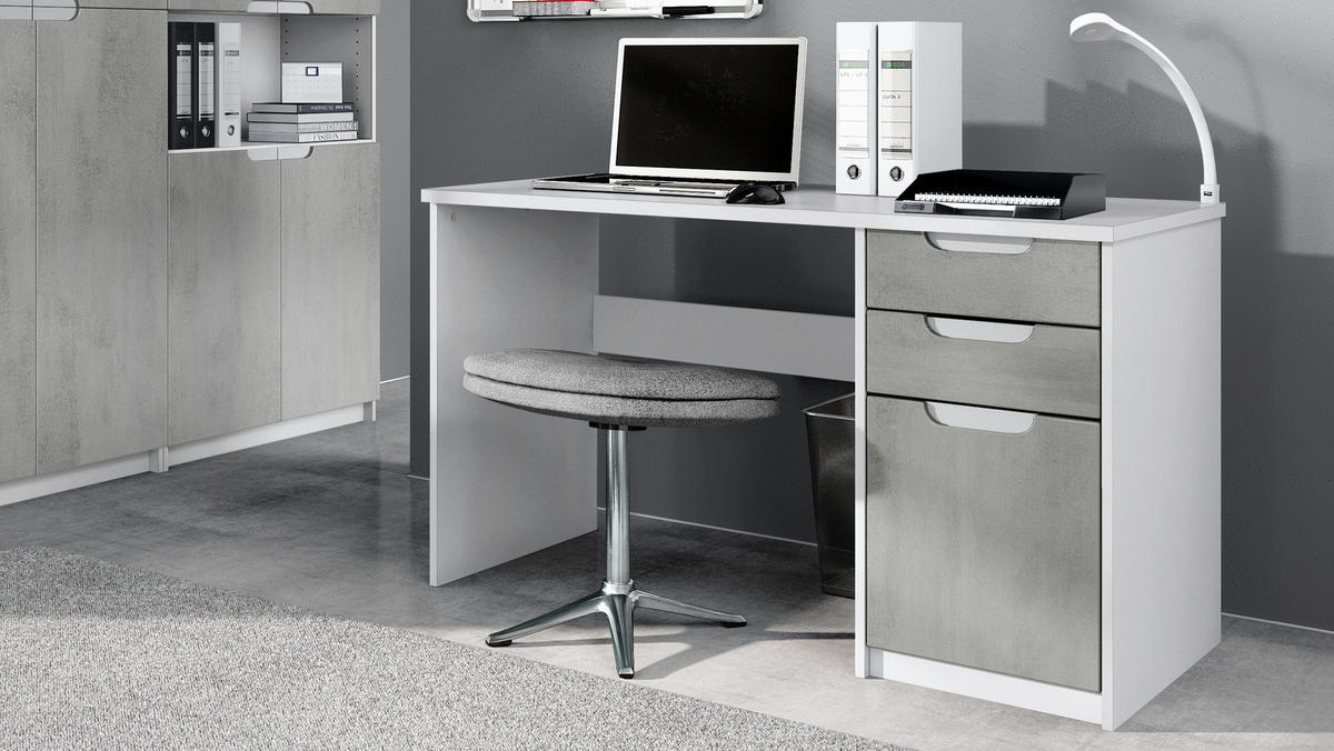 BÜROMÖBELSET Paris Beton Oxid Optik - Hellgrau, Holzwerkstoff (60/180/76cm) - Vladon