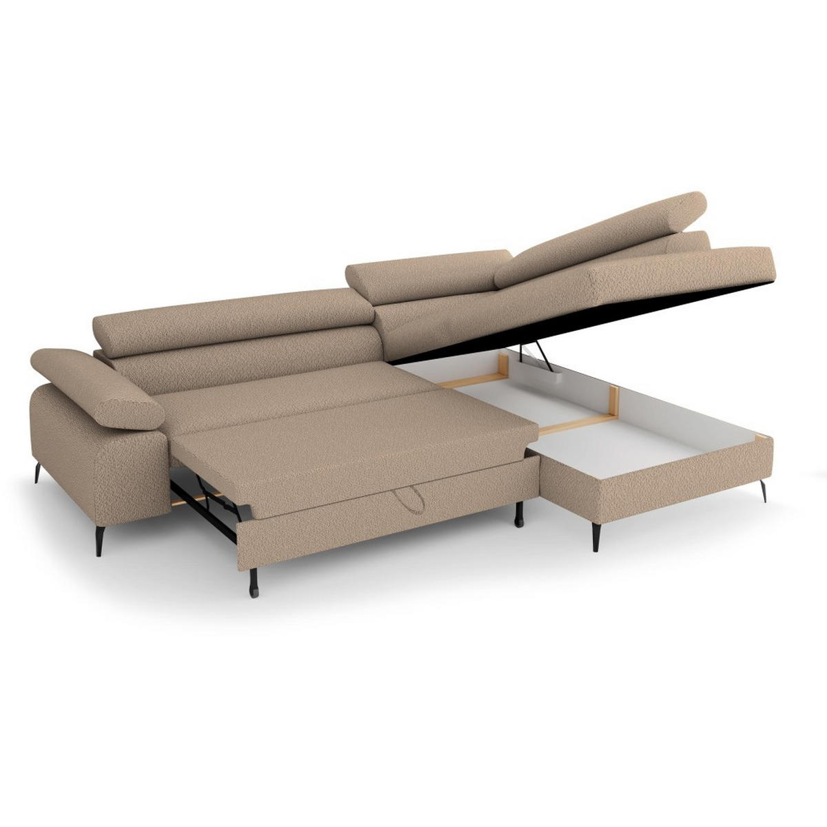 ECKSCHLAFSOFA Mellow mit Bettkasten, Hellbraun, rechts - Hellbraun/Schwarz, Textil (270/205cm) - Beautysofa
