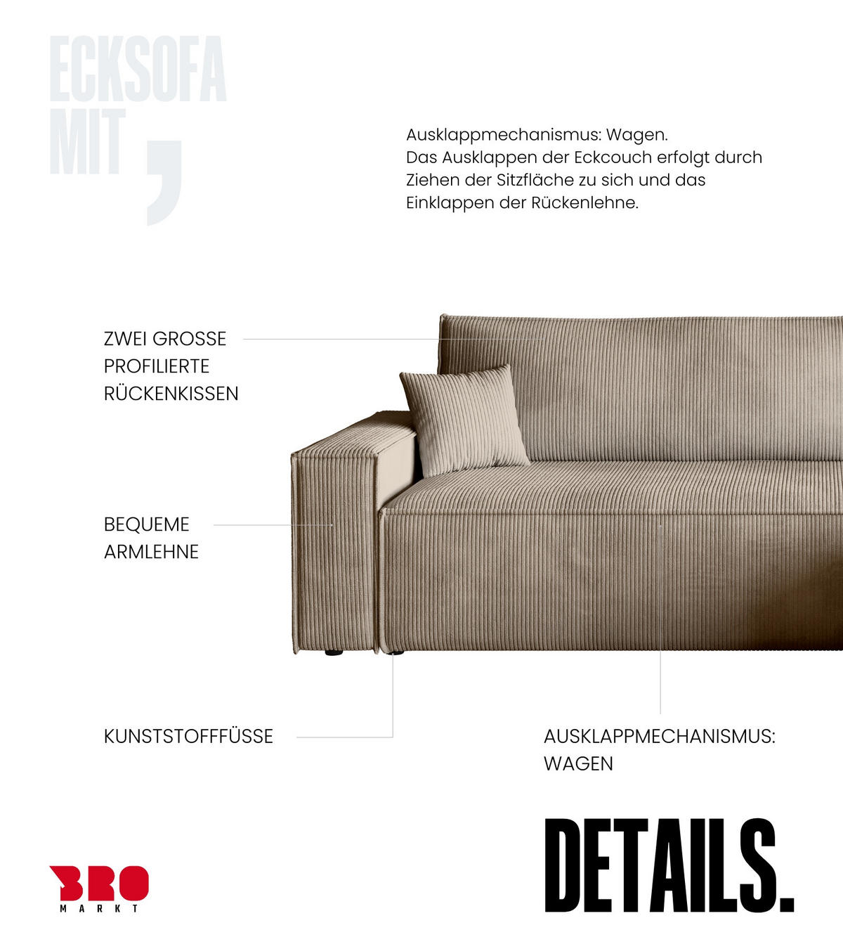 ECKSOFA ADI mit Schlaffunktion Beige Cord - Beige, Textil (244/143cm) - Bromarkt