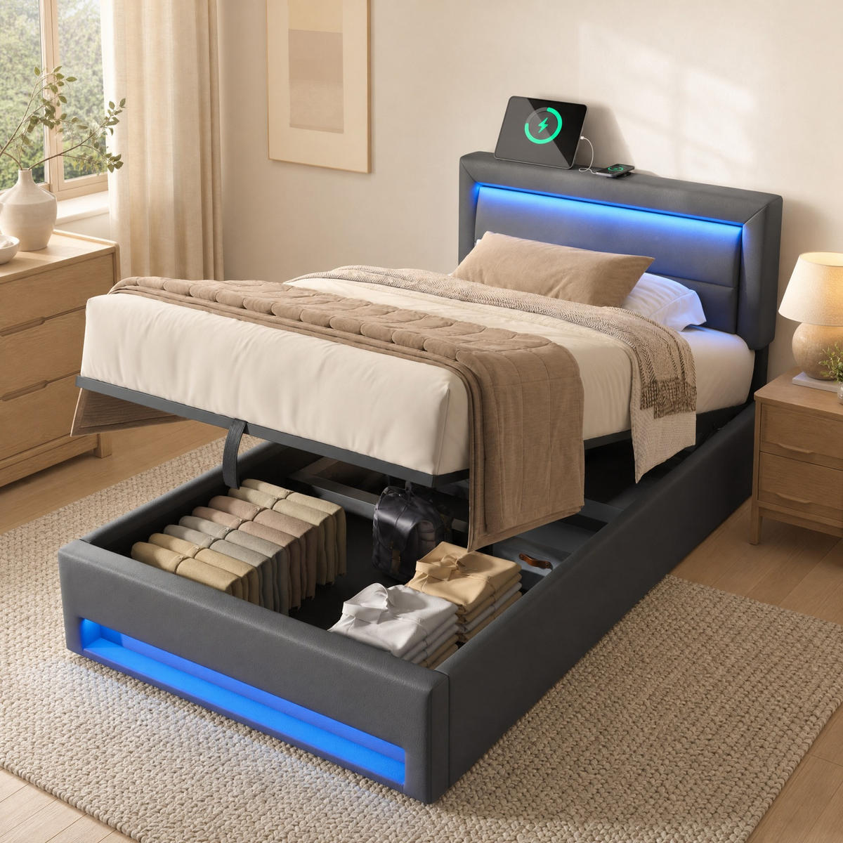 POLSTERBETT 90/190 mit USB-Anschluss, LED-Beleuchtung, Stauraum und PU-Litschi-Muster in Grau - Grau, Holzwerkstoff/Textil (90/190cm) - EVRYAE