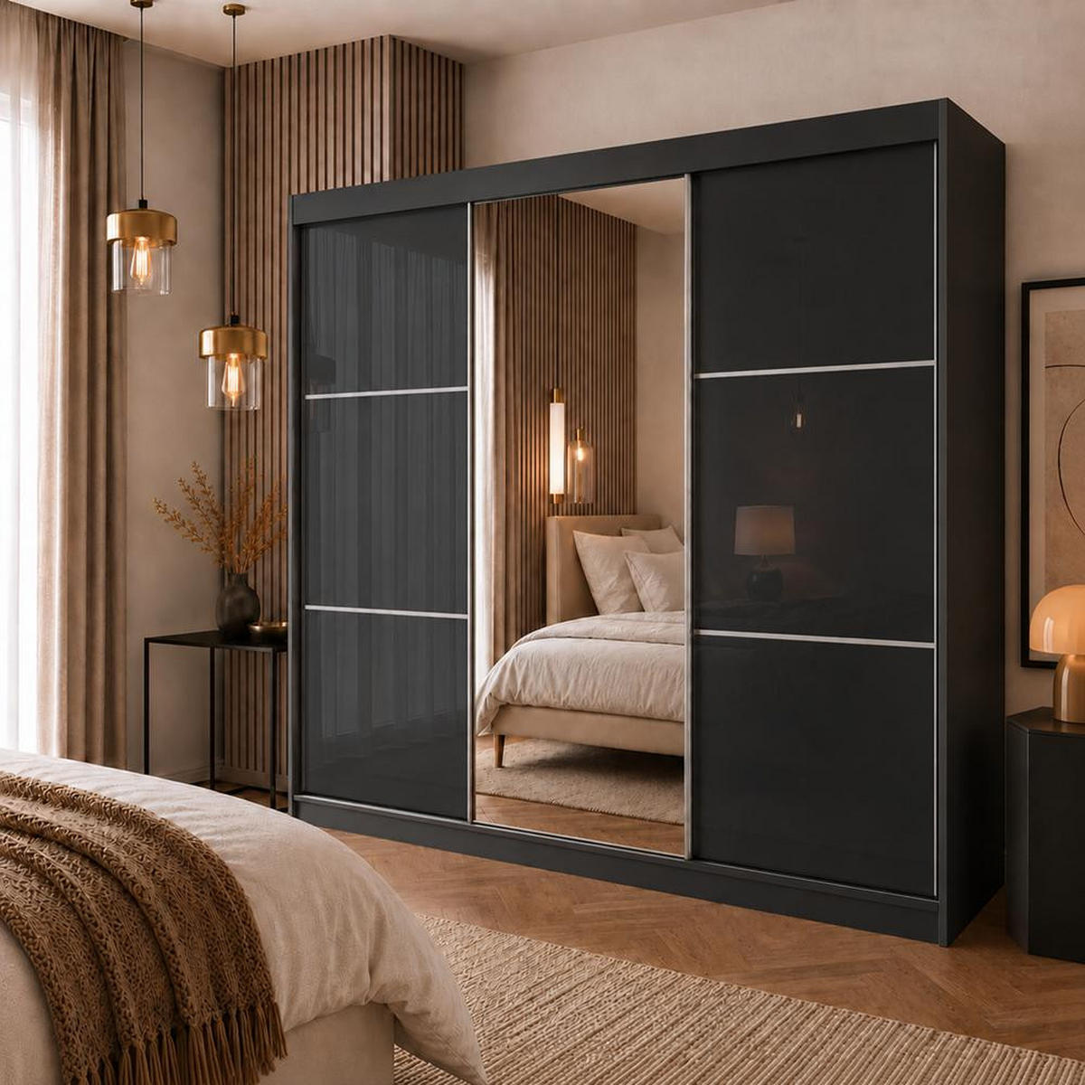 SKŘÍŇ s posuvnými dveřmi Viva 240/216/61 černá se zrcadlem a zásuvkami - černá, kompozitní dřevo (240/216/61cm) - Beautysofa