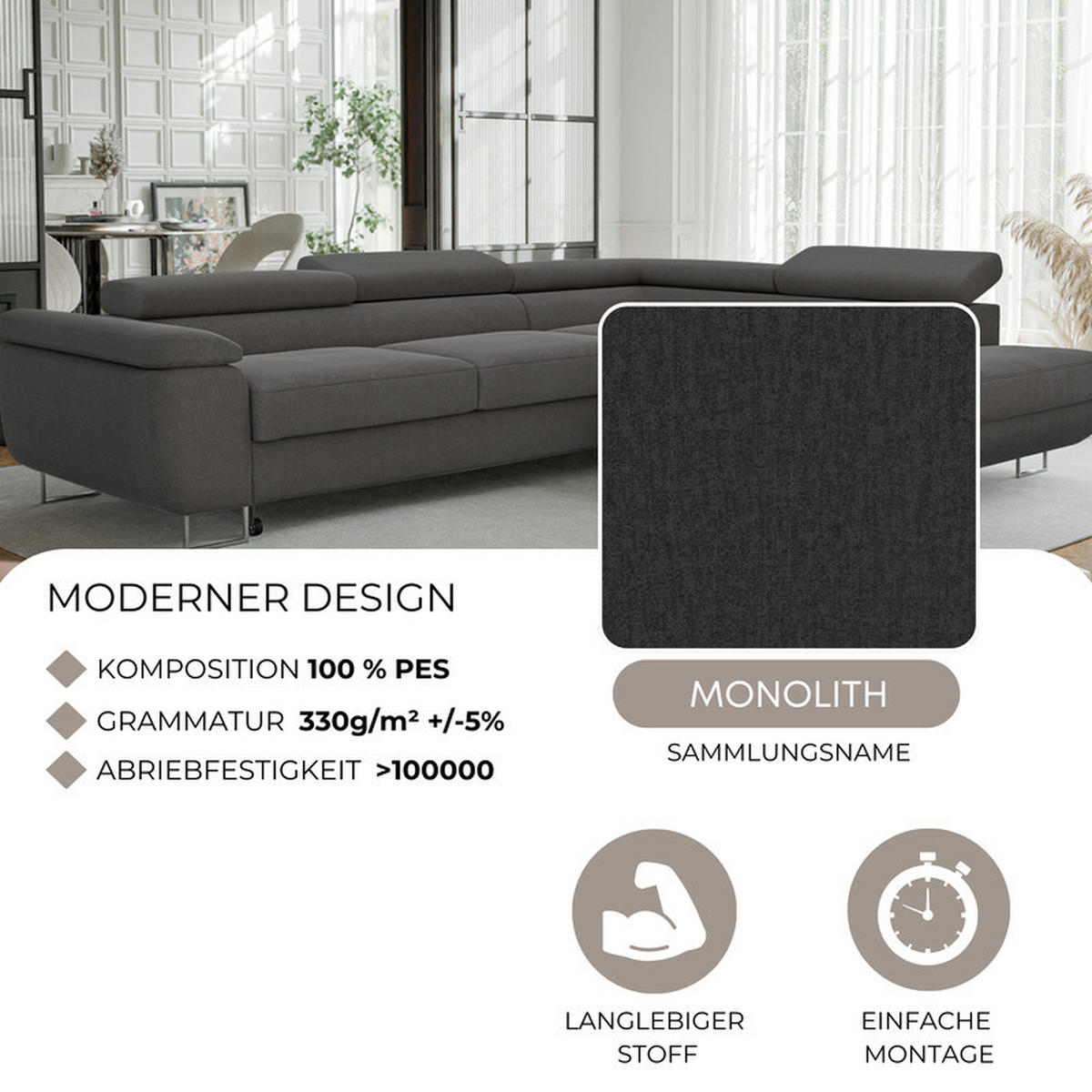 ECKSOFA ANTON mit Schlaffunktion und Bettkasten Anthrazit - Anthrazit, Holzwerkstoff/Kunststoff (274/203cm) - Idohome