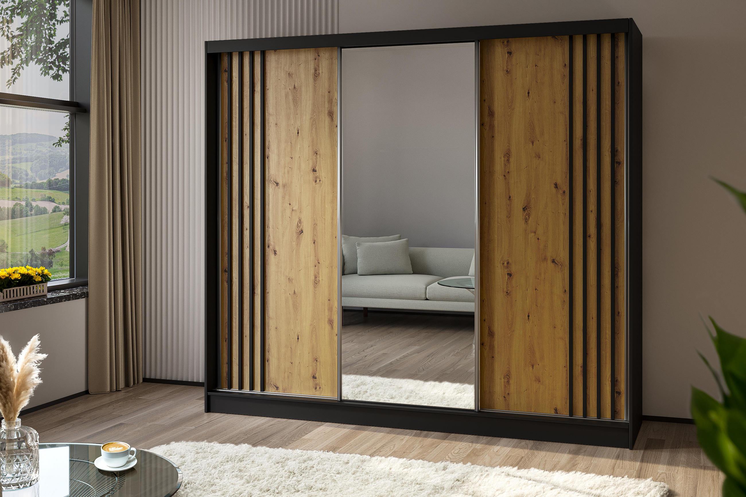 KLEIDERSCHRANK mit Spiegel-Schiebetüren und Aluminium-Leisten, LED-Beleuchtung - NALLA - 240 cm Schwarz+Artisan+Schwarz - Schwarz/Eiche Artisan, Holzwerkstoff (240/216/61cm) - ALTDECOR