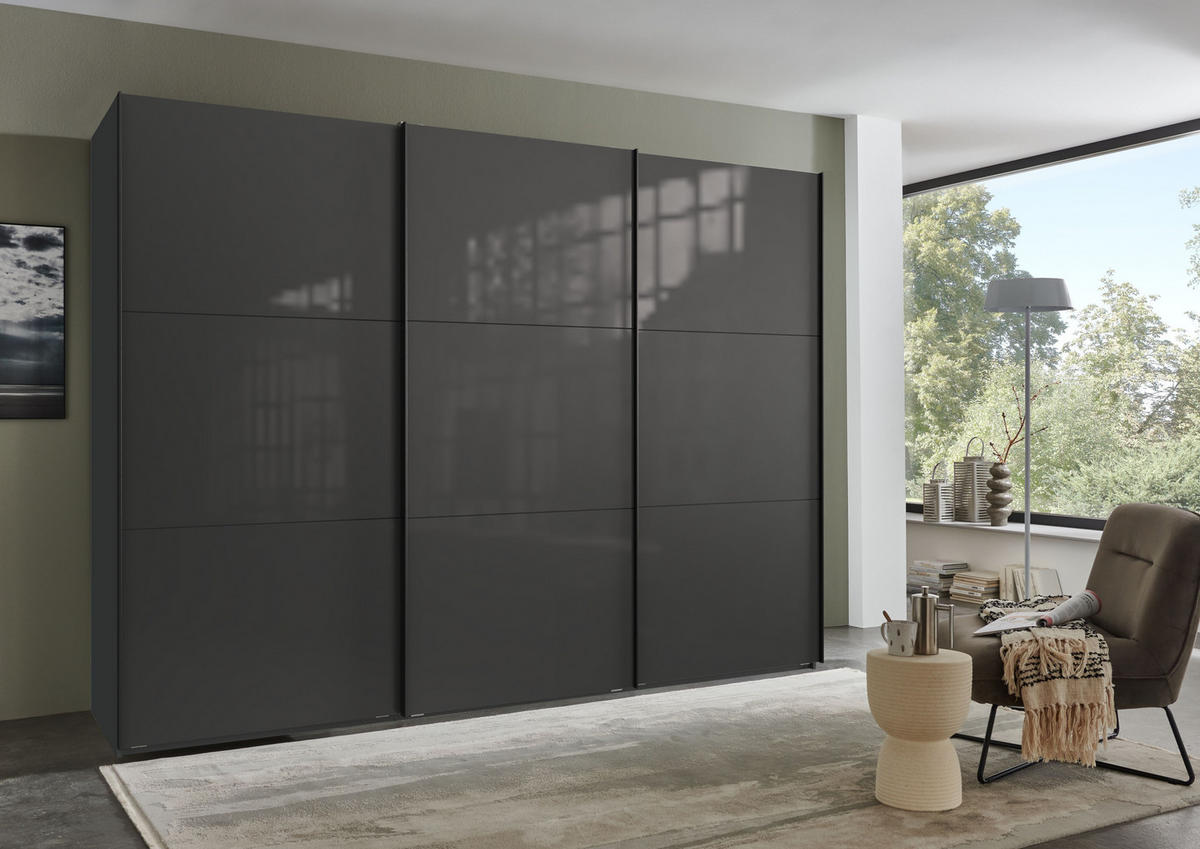 SCHWEBETÜRENSCHRANK 3-türig B300/H216/T65 cm in Anthrazit mit Glasfront inkl. Vollausstattung / 22038 - Anthrazit/Schwarz, Holzwerkstoff/Metall (300/216/65cm) - luma-home