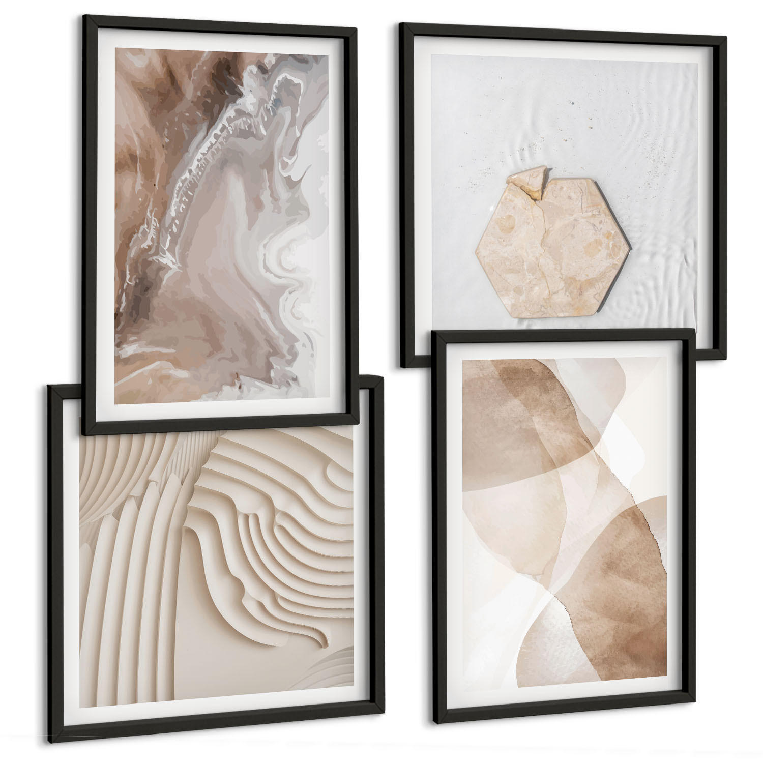 BILDER SET 4er Set - 50x50 cm & 40x60 cm Schwarzer Rahmen - Abstrakte bemalte Strukturen - Schwarz, Kunststoff (50/50cm) - TULUP
