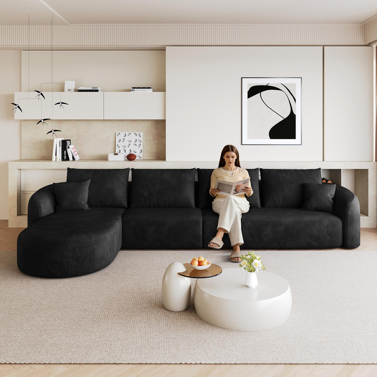 ECKSOFA 336/168/85 cm Schwarz Chenille mit Chaiselongue, Linke Seite - Schwarz, Textil (336/168cm) - Oxeza