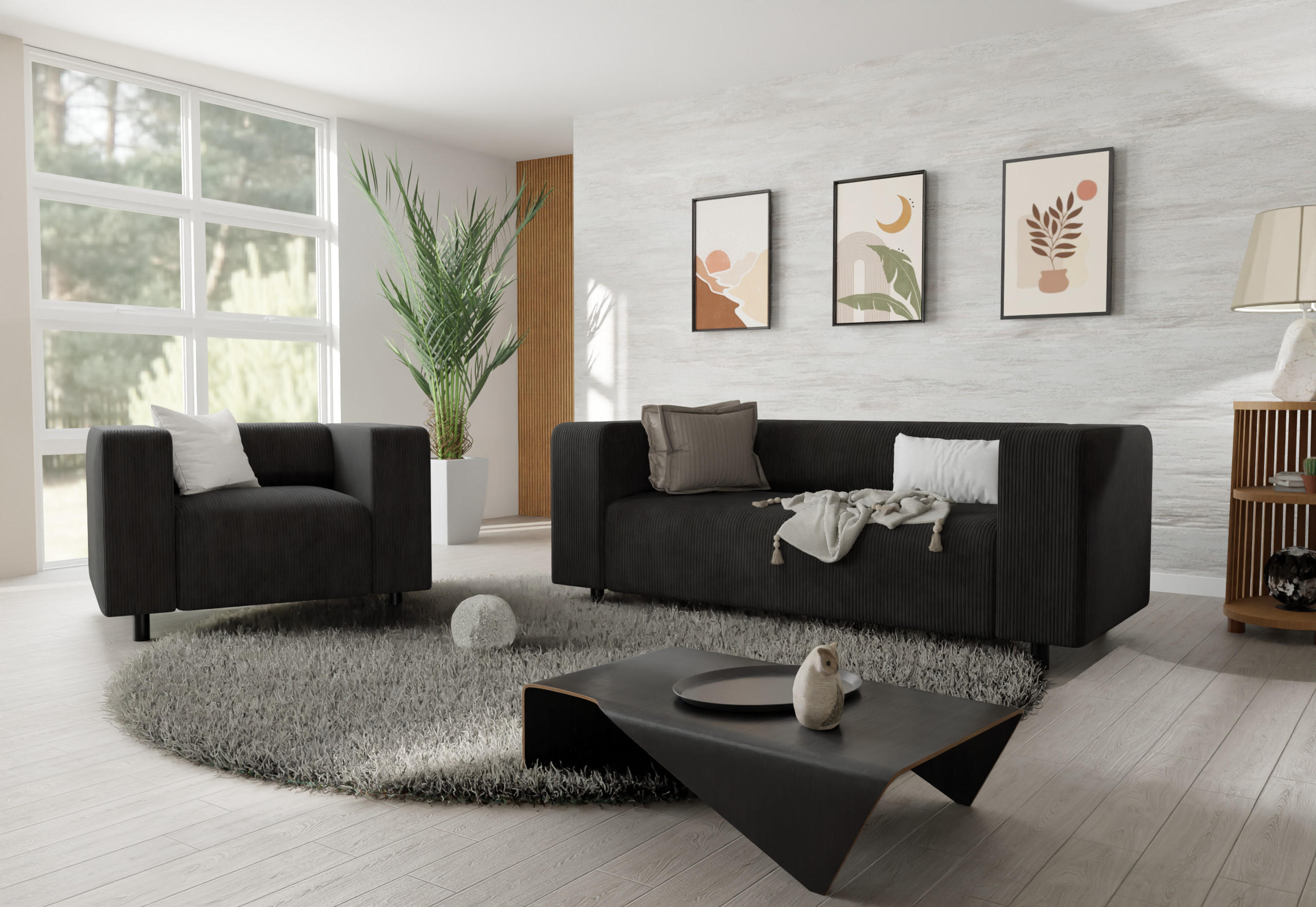 Thumbnail - S-Style Möbel Sitzgarnitur, Schwarz, Textil, Echtholz, Teilmassiv,Buche, Birke, 3-Sitzer, Füllung: Schaumstoff, 151x65x8...