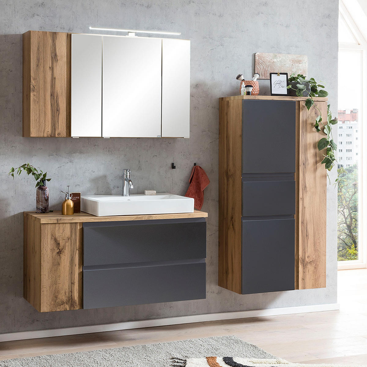 BADMÖBEL-SET 3-TLG. Vasto-03 - Grau, Holzwerkstoff (185/200/47cm) - Lomado