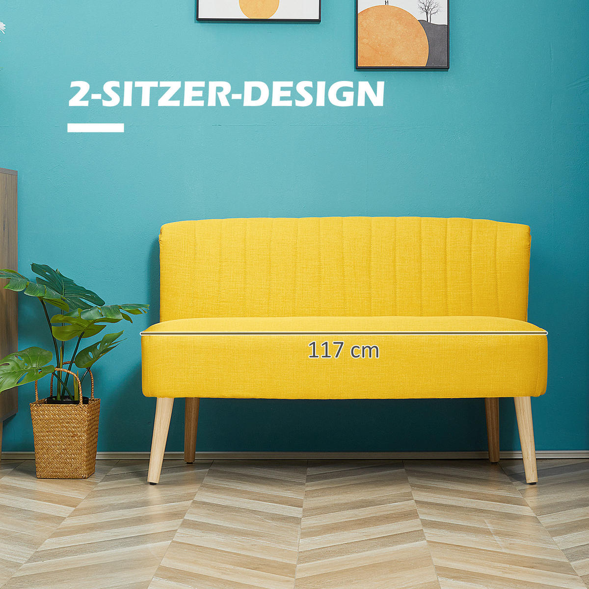 SOFA 2-Sitzer Couch Stoffsofa Sitzmöbel Polstersofa Loungesofa breit Gelb - Gelb/Naturfarben, Holz/Textil (56.5/77/117cm) - HOMCOM
