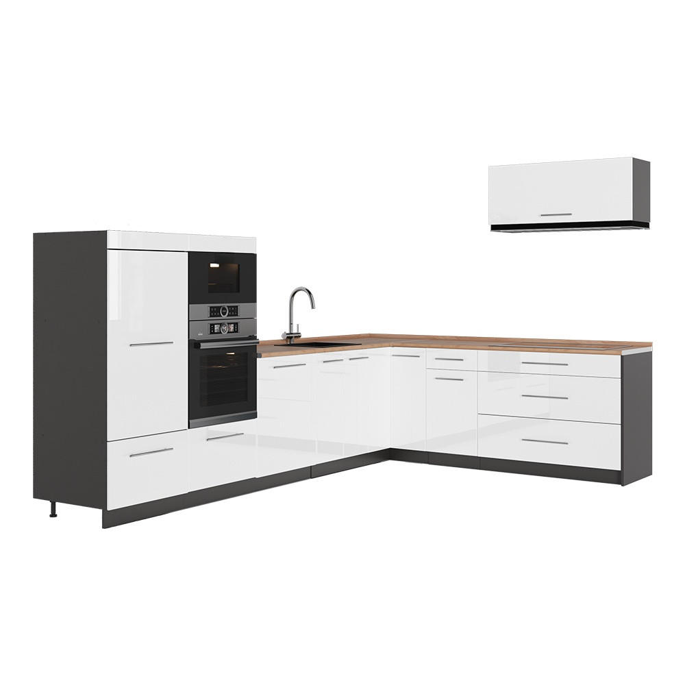 KUHINJA U OBLIKU SLOVA L Fame-Line, Sjajna Bijela /Antracit, 327 x 227 cm, RP Hrast - bijela visoki sjaj/antracit, drvni materijal (327/153.6/60cm) - Vicco