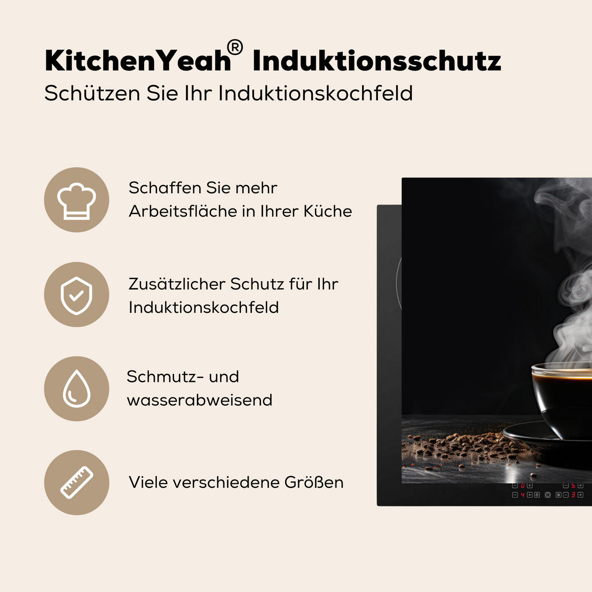 HERDABDECKPLATTE Kaffee - Schwarz - Bohnen - Heiß - Tasse Herdabdeckung Induktionsfeld 65x52 cm - Schwarz, Kunststoff (65/52/0.2cm) - MuchoWow