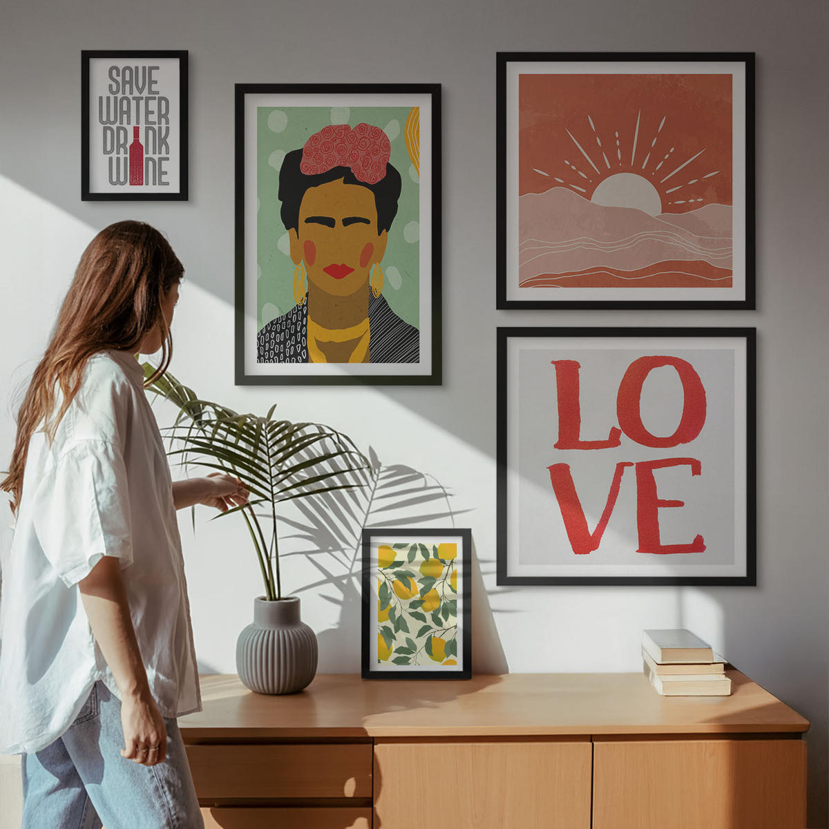 BILDER SET 5er Set - 50x50 cm & 20x30 cm & 40x60 cm Schwarzer Rahmen - Zitronen Inschrift Liebeslandschaft Frida - Schwarz, Kunststoff (40/60cm) - TULUP
