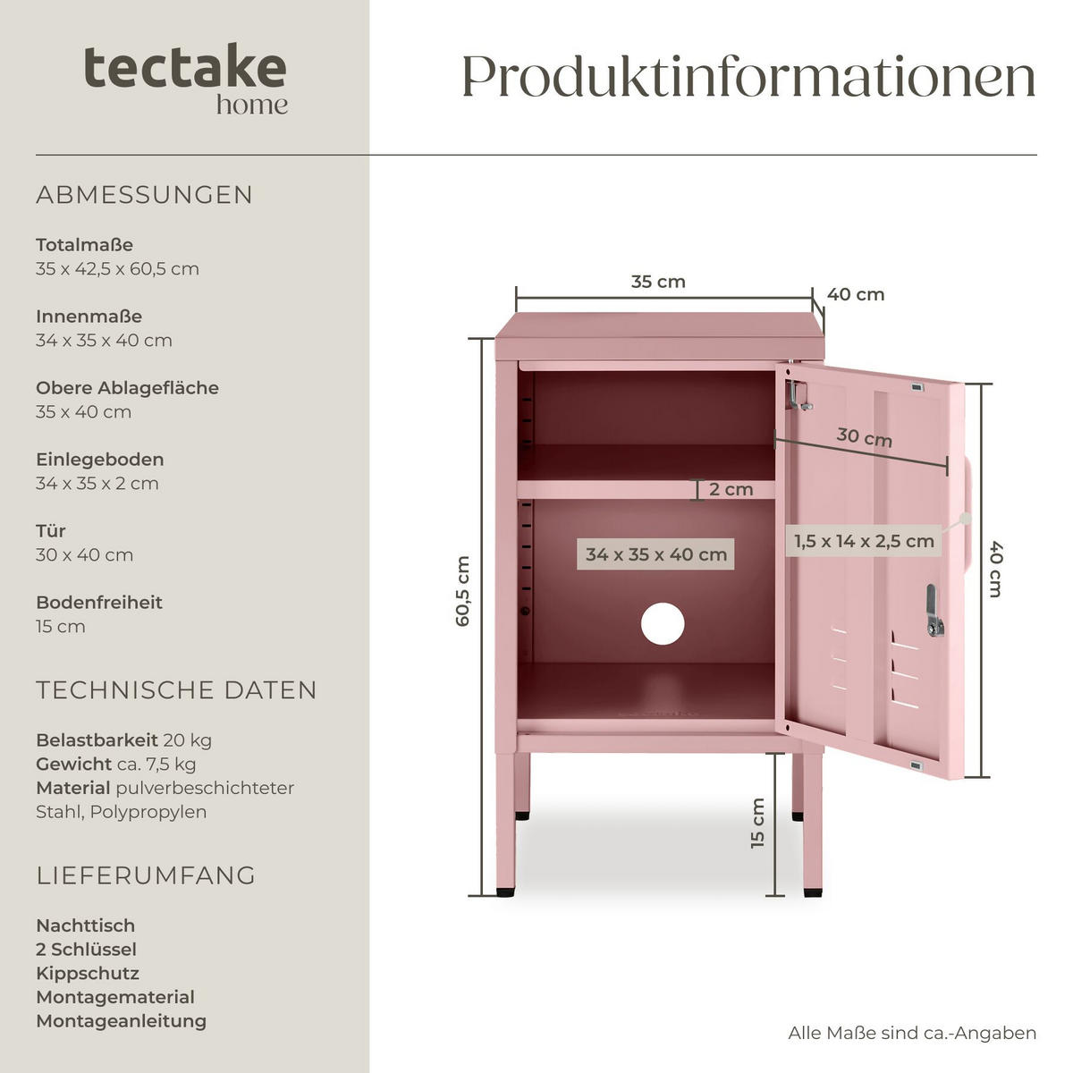 NACHTSCHRANK Baker, Kippschutz, höhenverstellbare Füße, rosa - Rosa, Metall (35/60.5/42.5cm) - tectake