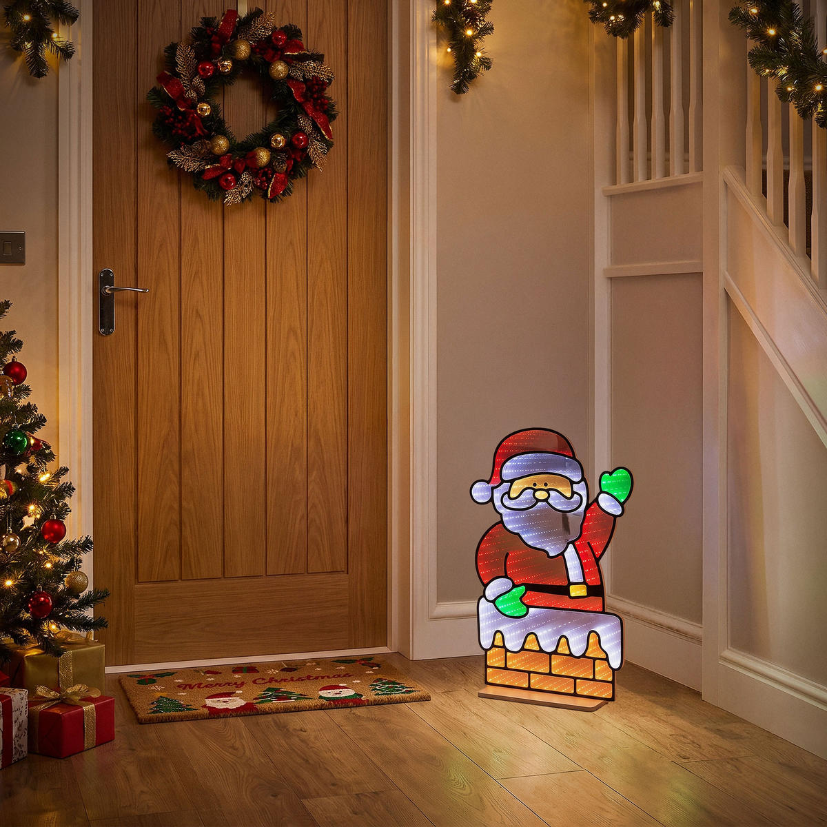 VÁNOČNÍ DEKORACE Santa Claus u krbu, LED zrcadlo s nekonečným 3D efektem a světelnou řetězem, 38 x 60 cm, do interiéru - různobarevná, plast (38/60/15cm) - ECD-Germany
