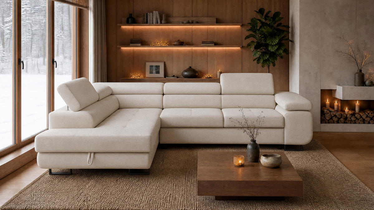 ECKSOFA Velmo mit Bettkasten und Schlaffunktion, verstellbaren Kopfstützen, in L-Form - Beige, Textil (275/203cm)