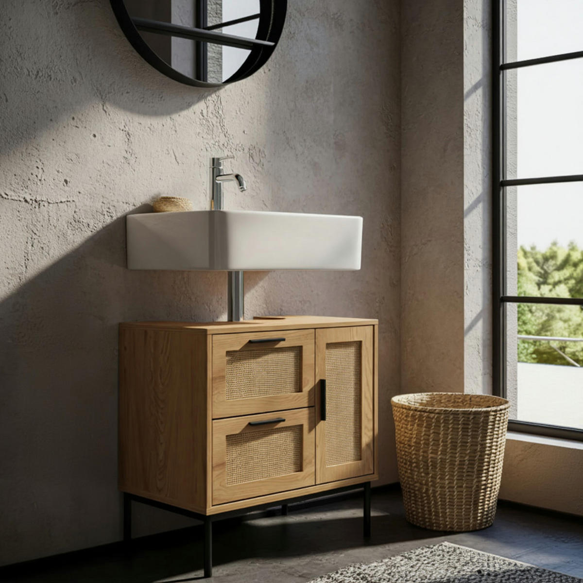 WASCHBECKENUNTERSCHRANK Eiche-Optik 60x60x40 cm mit Tür, Schubladen und Rattangeflecht - Schwarz/Braun, Holzwerkstoff/Metall (60/60/40cm) - KADIMA DESIGN