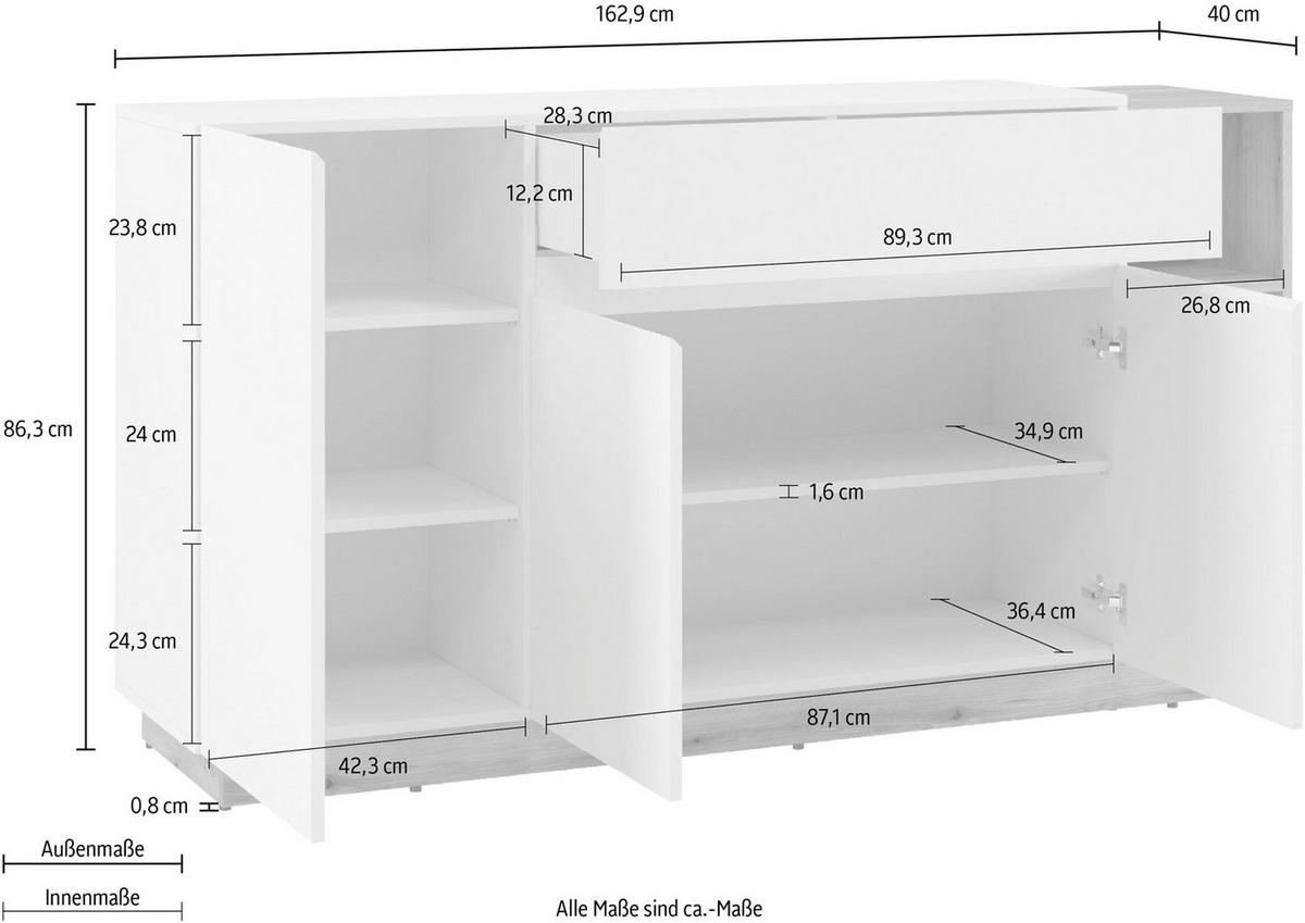KOMMODE Bristol weiß / Evoke Eiche 163 / 40 / 86cm - Eichefarben/Weiß, Holz/Holzwerkstoff (163/86/40cm) - Feldmann-Wohnen