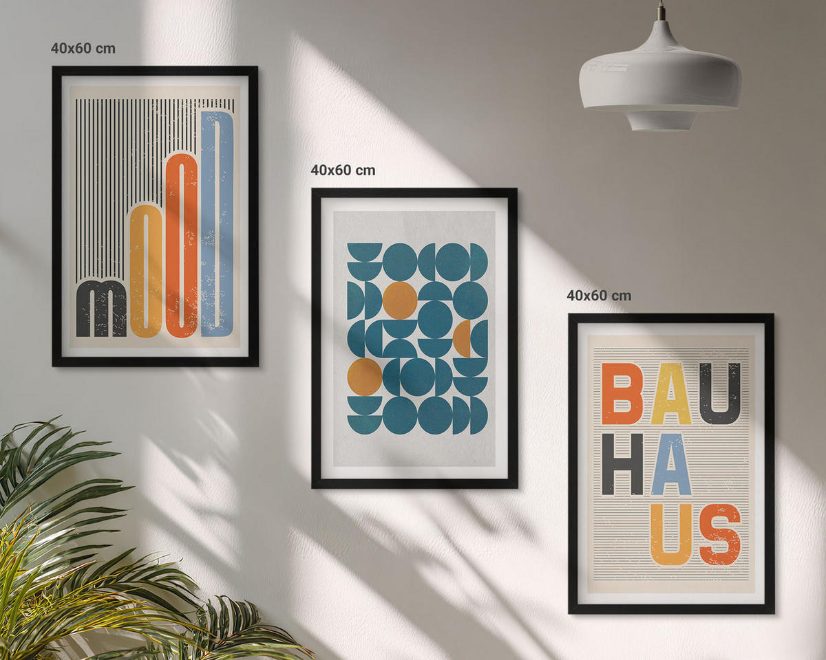 BILDER SET 3er Set - 40x60 cm Schwarzer Rahmen - Geometrische Muster im Bauhaus-Stil - Schwarz, Kunststoff (40/60cm) - TULUP