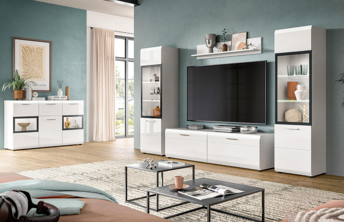 WOHNWAND weiß Hochglanz 4-teilig 280 cm, Schrankwand mit 2 Vitrinen - Weiß Hochglanz/Silberfarben, Glas/Holzwerkstoff (280/160/41cm) - Inn.Furn