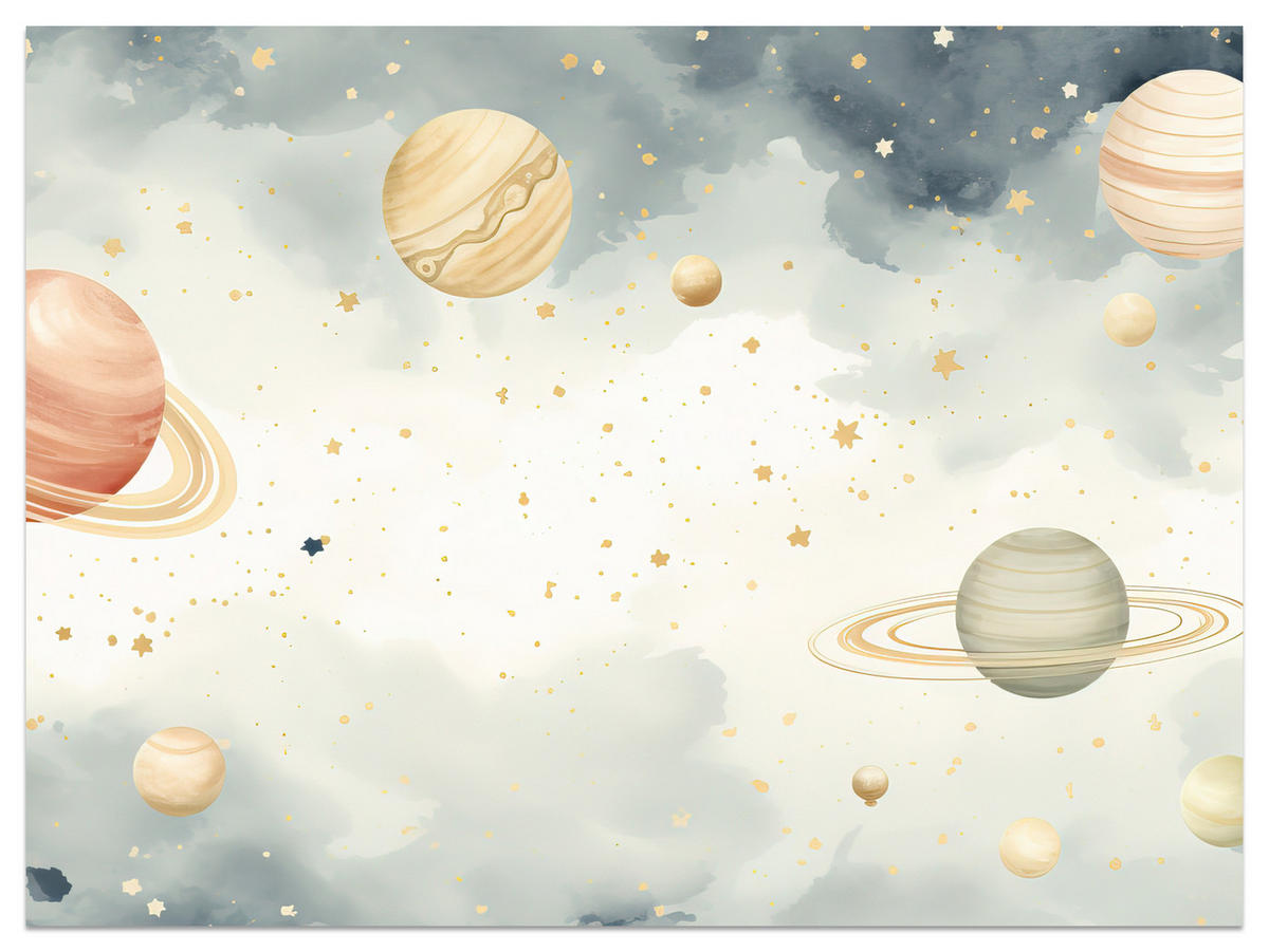 FOTOTAPETE für Kinderzimmer Pastell Planeten Saturn Uran Sterne 150x105 - Blau/Ecru, Papier (150/105cm) - Muralo