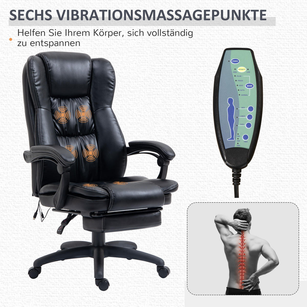 VERSTELLBARER Drehstuhl mit Fußstütze, Kopfstütze, Massagefunktion, Schwarz - Schwarz, Kunststoff (68.5/121/68.5cm) - Vinsetto