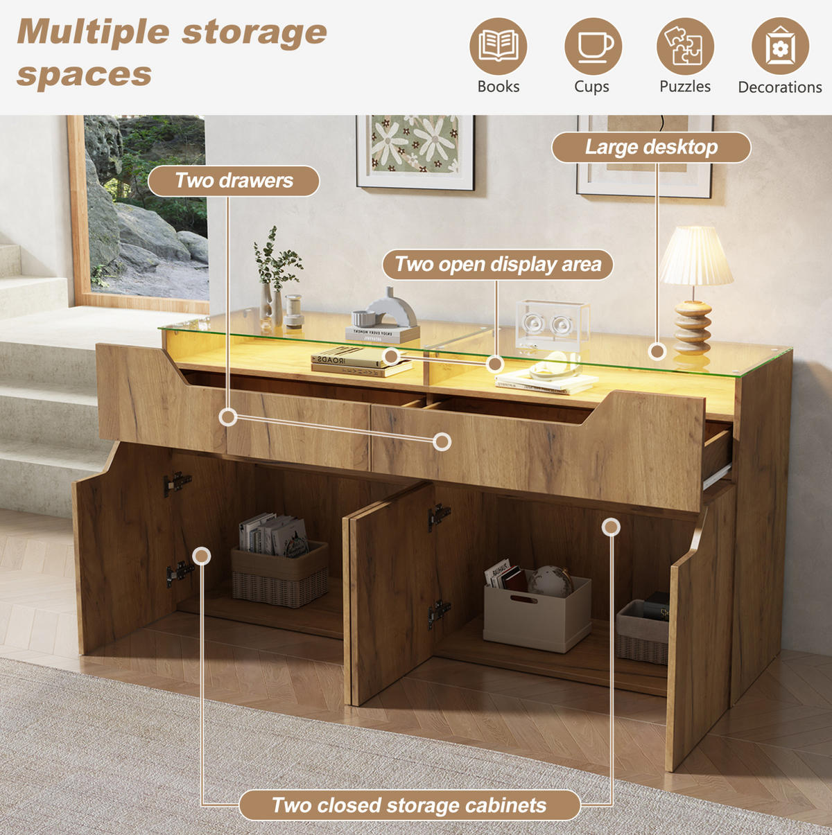 SIDEBOARD 140/40/70 cm natur aus MDF mit Glasplatte und 2 Schubladen - Naturfarben, Holzwerkstoff (140/70/40cm) - OKWISH