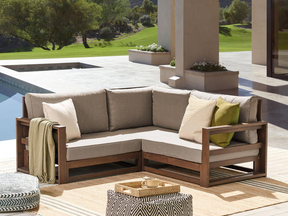 GARTEN ECKSOFA 2-Sitzer zertifiziertes Akazienholz dunkelbraun modular Auflagen taupe Timor II - Beige/Braun, Holz - Beliani