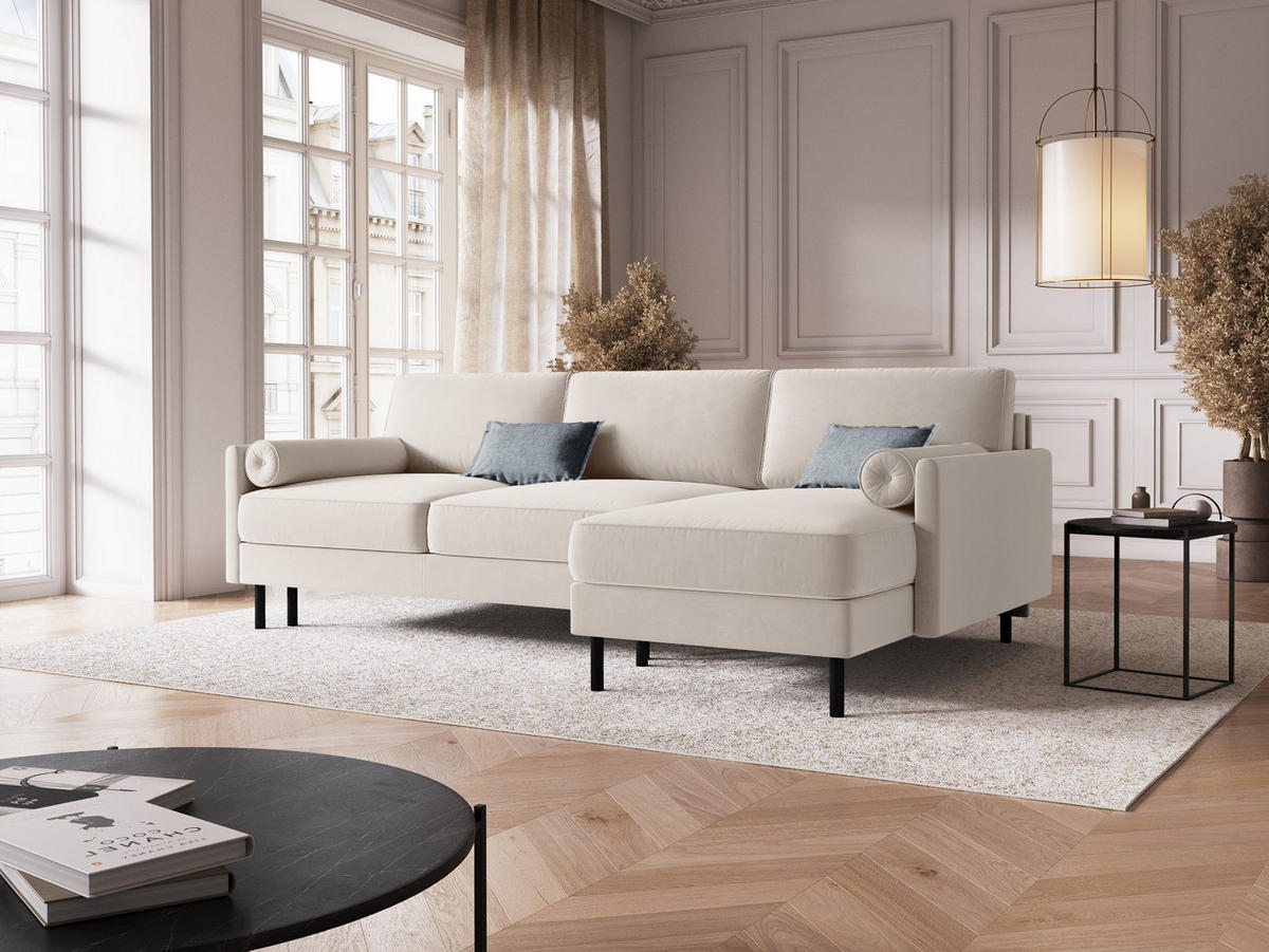 AUSKLAPPBARES-ECKSOFA rechts mit Container Scott aus Samt leichtes beige 5 Sitzplätze - Beige, Textil (142/212cm) - Micadoni