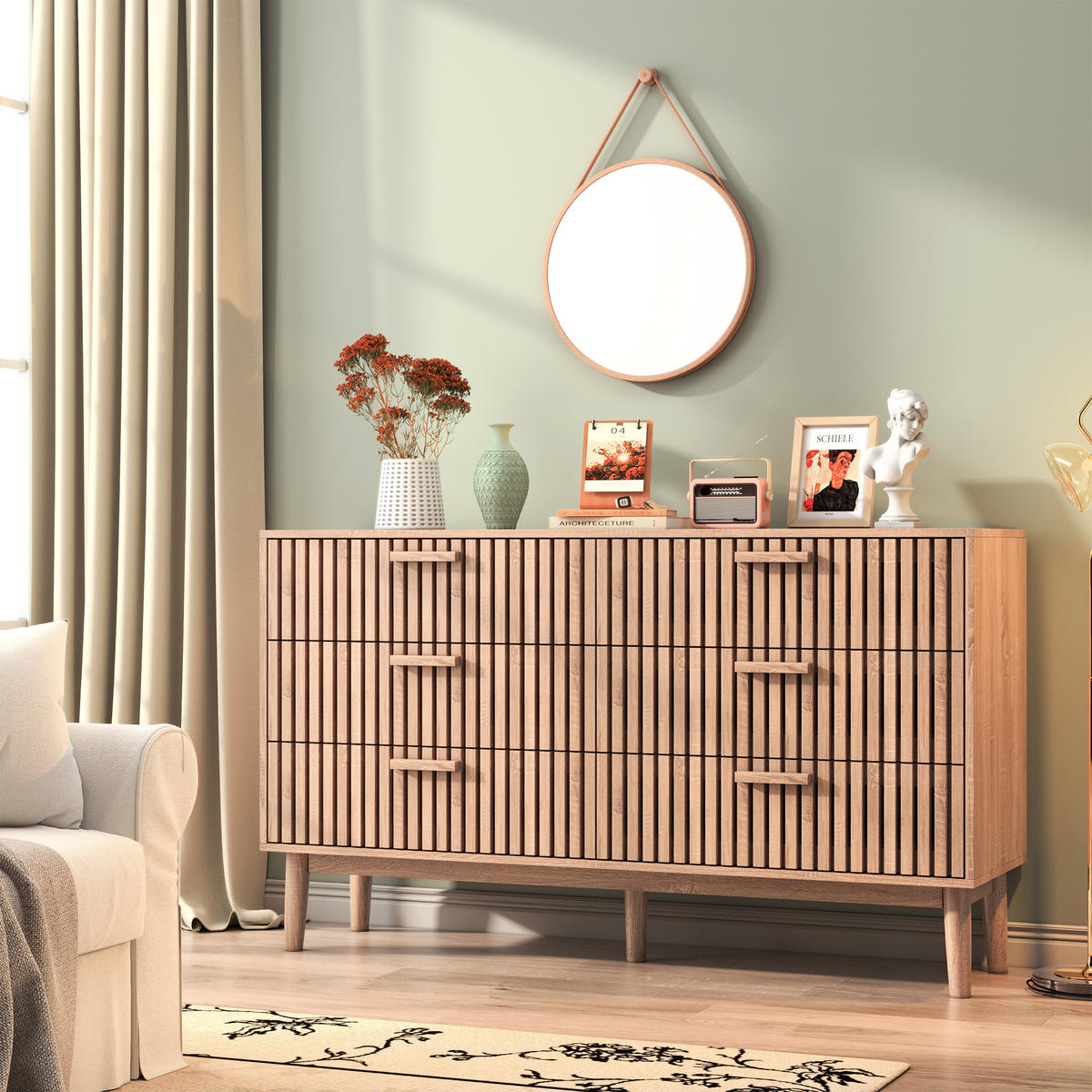 TRÄBYRÅ 6 lådor minimalistisk stor förvaringsvolym - Naturfärgad, Träbaserade material (34/73/100cm) - SHOPENTRA
