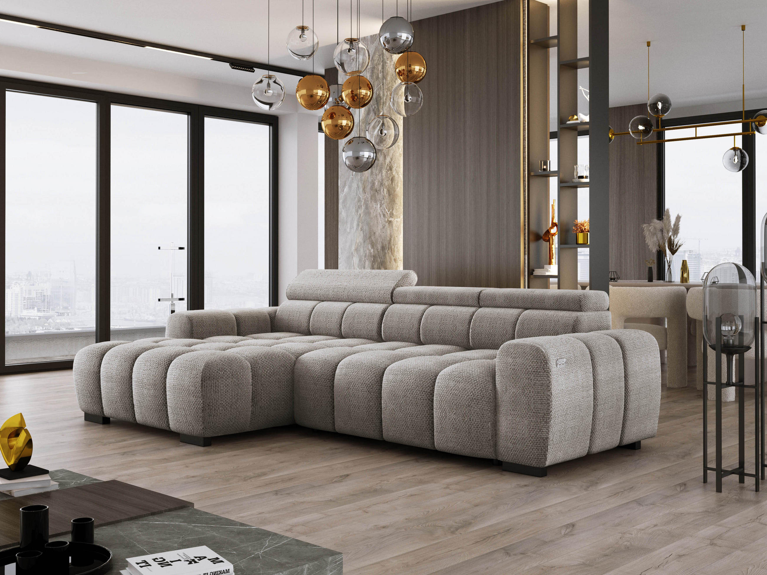 ECKSOFA OMBO 285x168x77/97 cm, Links, Schlaffunktion, elektr. Sitz, Kopfstützen, hydrophober EDEN-Stoff – Grau - Grau, Holz/Textil (168/285cm) - DomoHome