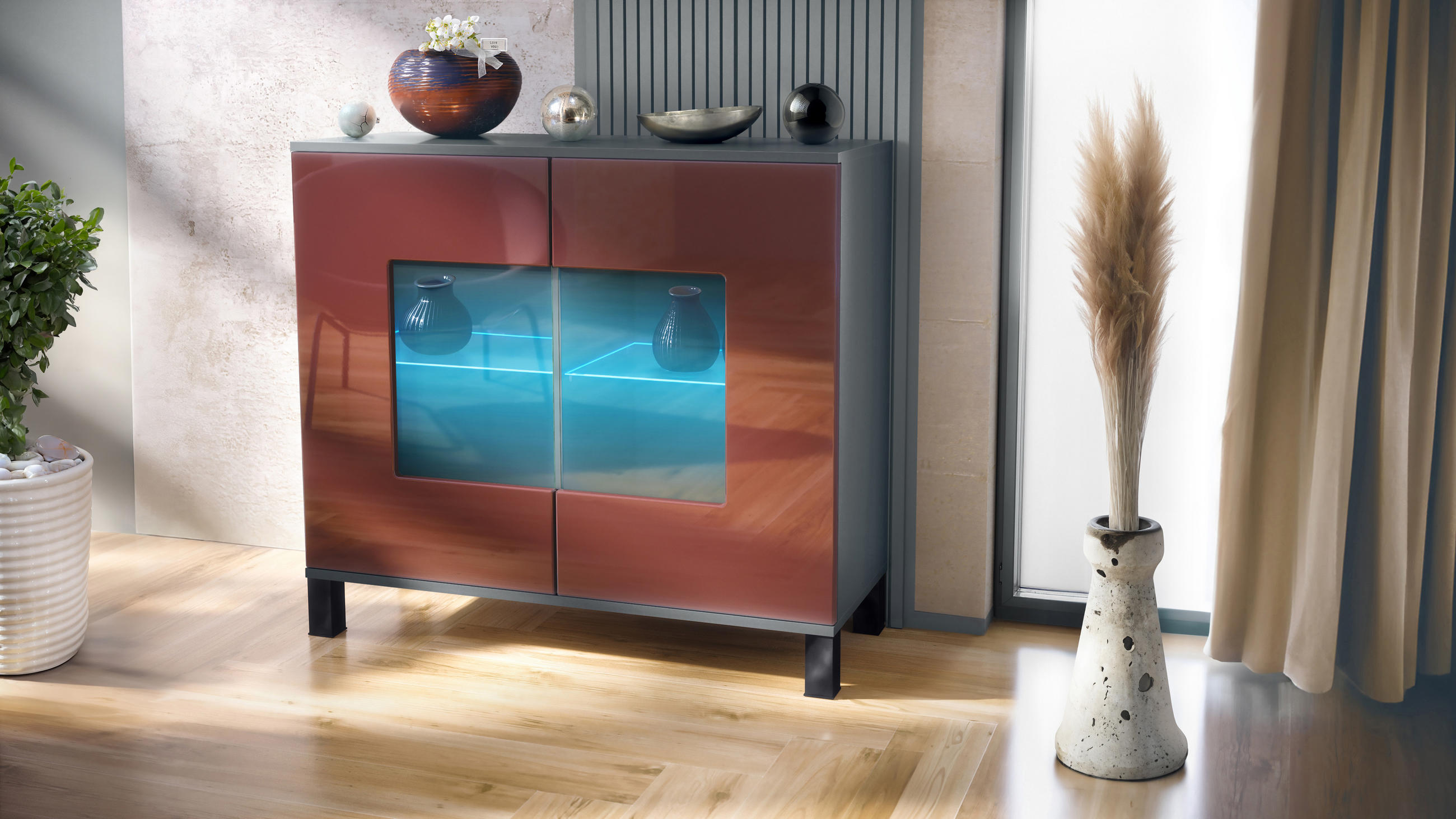 KOMMODE Grömitz Bordeaux Hochglanz - Bordeaux, Holzwerkstoff (92.5/84.5/35cm) - Vladon