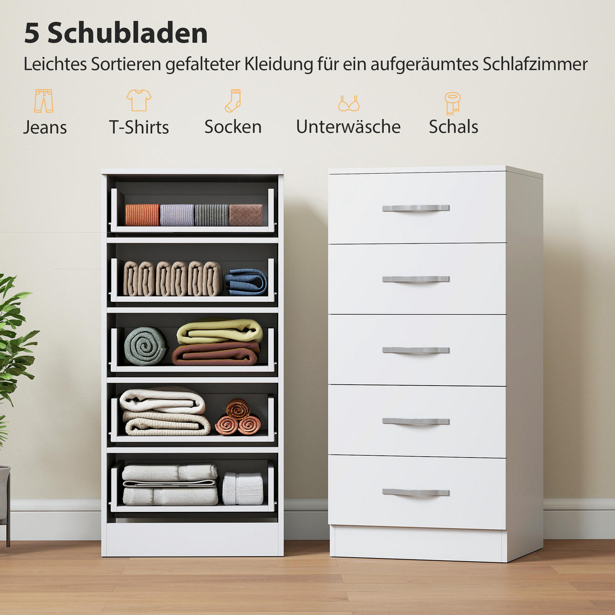 KOMMODE mit 5 Schubladen Aufbewahrungsschrank für Wohnzimmer Weiß - Silberfarben/Weiß, Holzwerkstoff (35/85/40cm) - HOMCOM