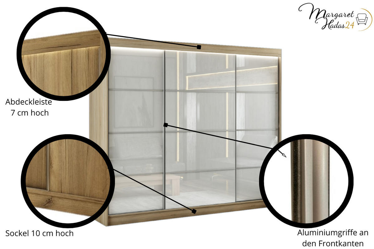 SCHWEBETÜRENSCHRANK Porto III 250 cm 3-türig, Eiche sonoma, lacobel weiß, Sprosse - Weiß/Sonoma Eiche, Kunststoff (250/215/61cm) - Margaret Hadas24