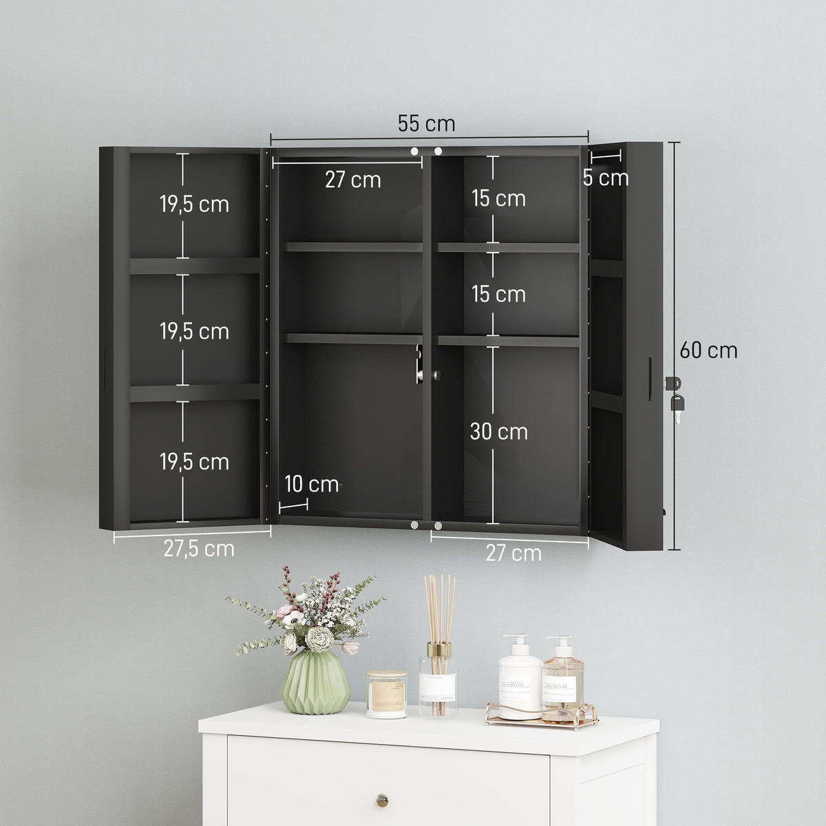 MEDIZINSCHRANK Kaltgewalzter-Stahl Schwarz - Schwarz, Metall (18/60/55cm) - Kleankin