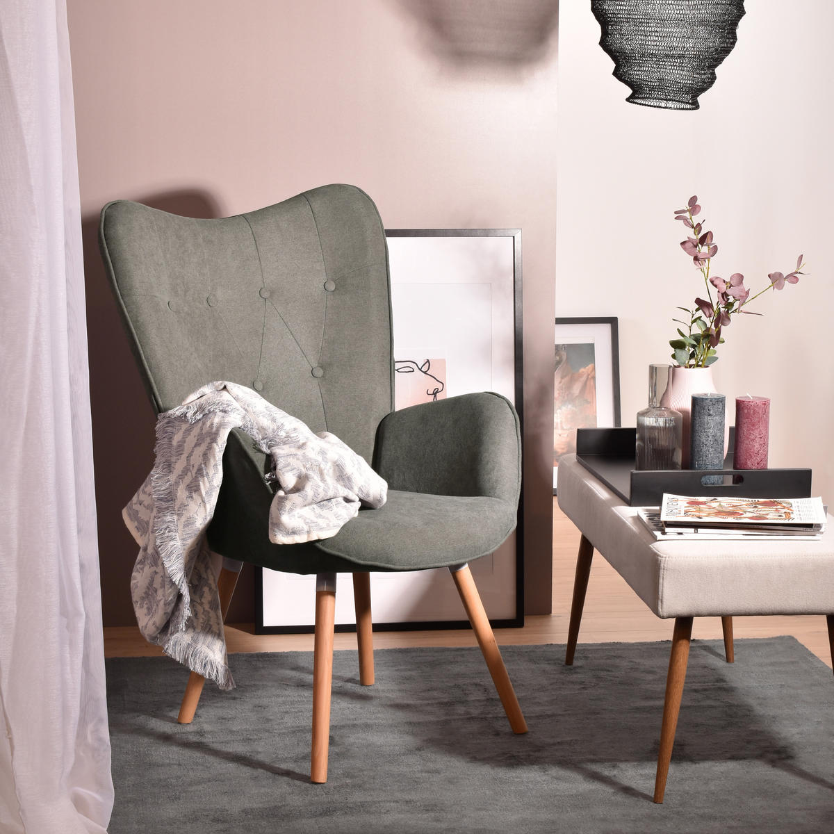 OHRENSESSEL in Stoff Grau - Dunkelgrau, Holz (66/106/53cm) - Meubles Cosy